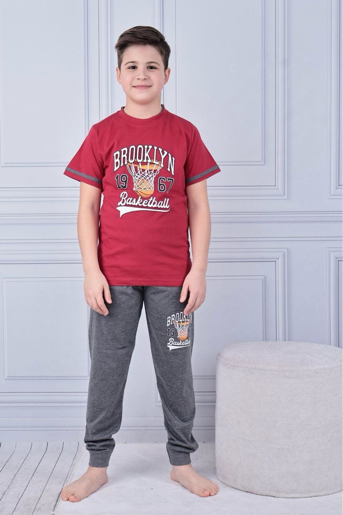 KAPİP Bordo Brooklyn Baskılı Kısa Kollu Erkek Çocuk Pijama Takımı 11-15 Yaş 7033-B