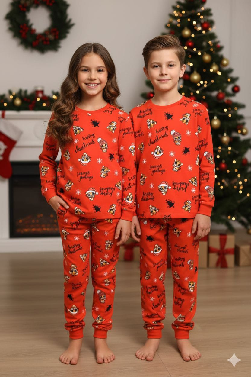 İSOBEL Kırmızı Yeni Yıl Desenli İnterlok %100 Pamuk Unisex Kız ve Erkek Çocuk Pijama Takımı 3-13 Yaş 42227-K