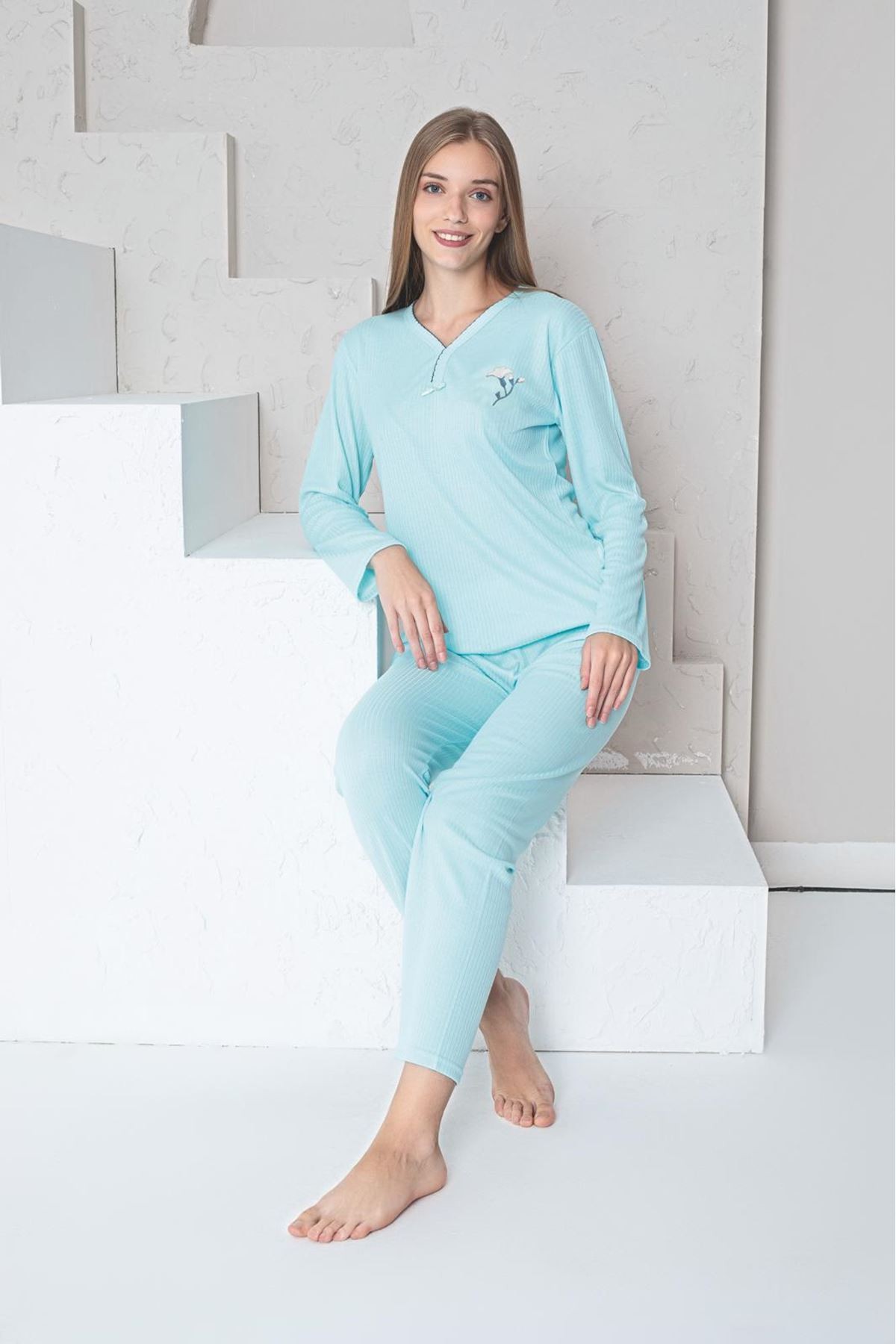 MLALE Maviş İnce Fitilli Raporlu İnterlok Bayan Pijama Takımı 5151-MA