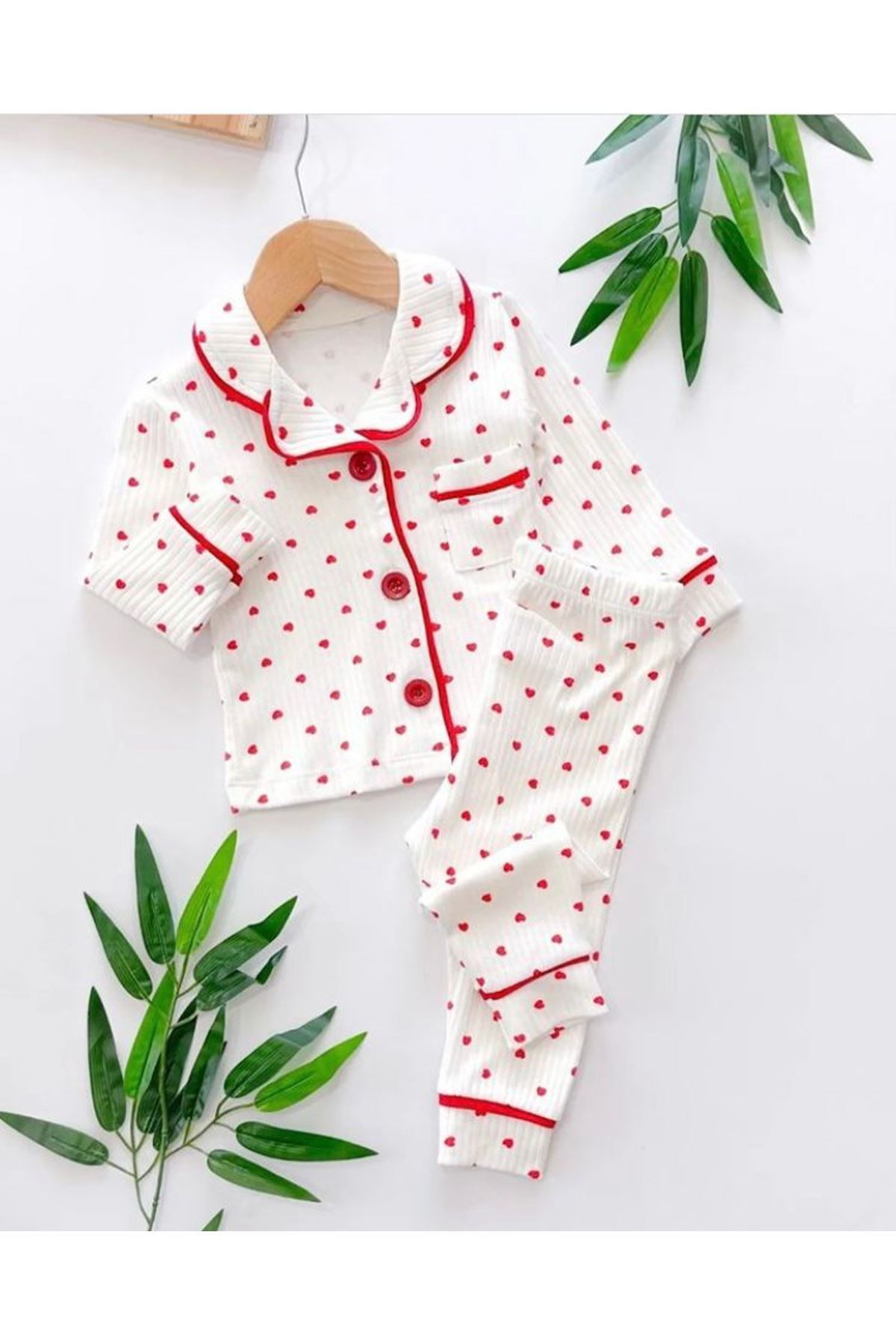 DLŞP Kırmızı Kalp Desenli %100 Pamuk Bebek Pijama Takımı 6-18 Ay 1071-K