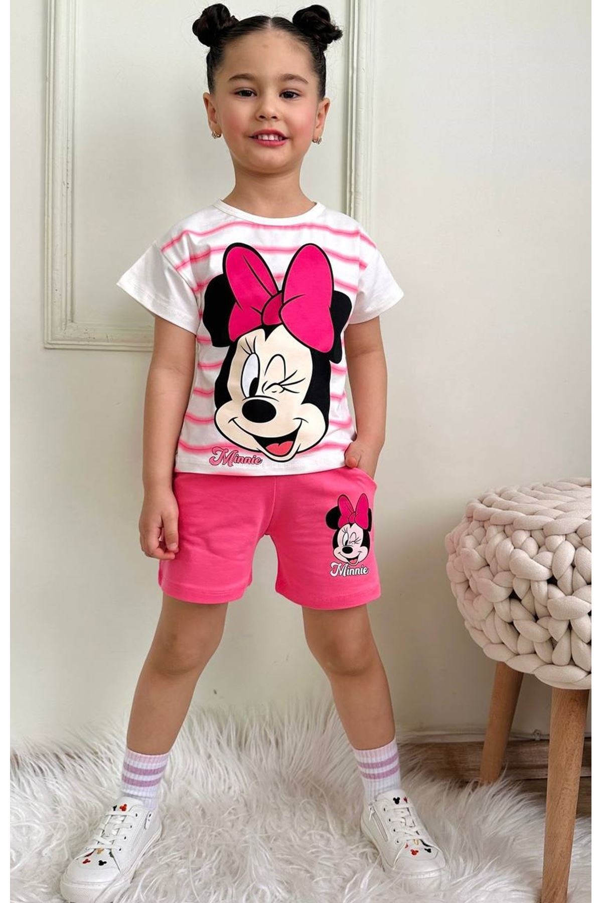 PJKSKT Çizgili Minnie Mause Desenli Fuşya Şortlu Kız Çocuk Kısa Kol Takım 7550-F