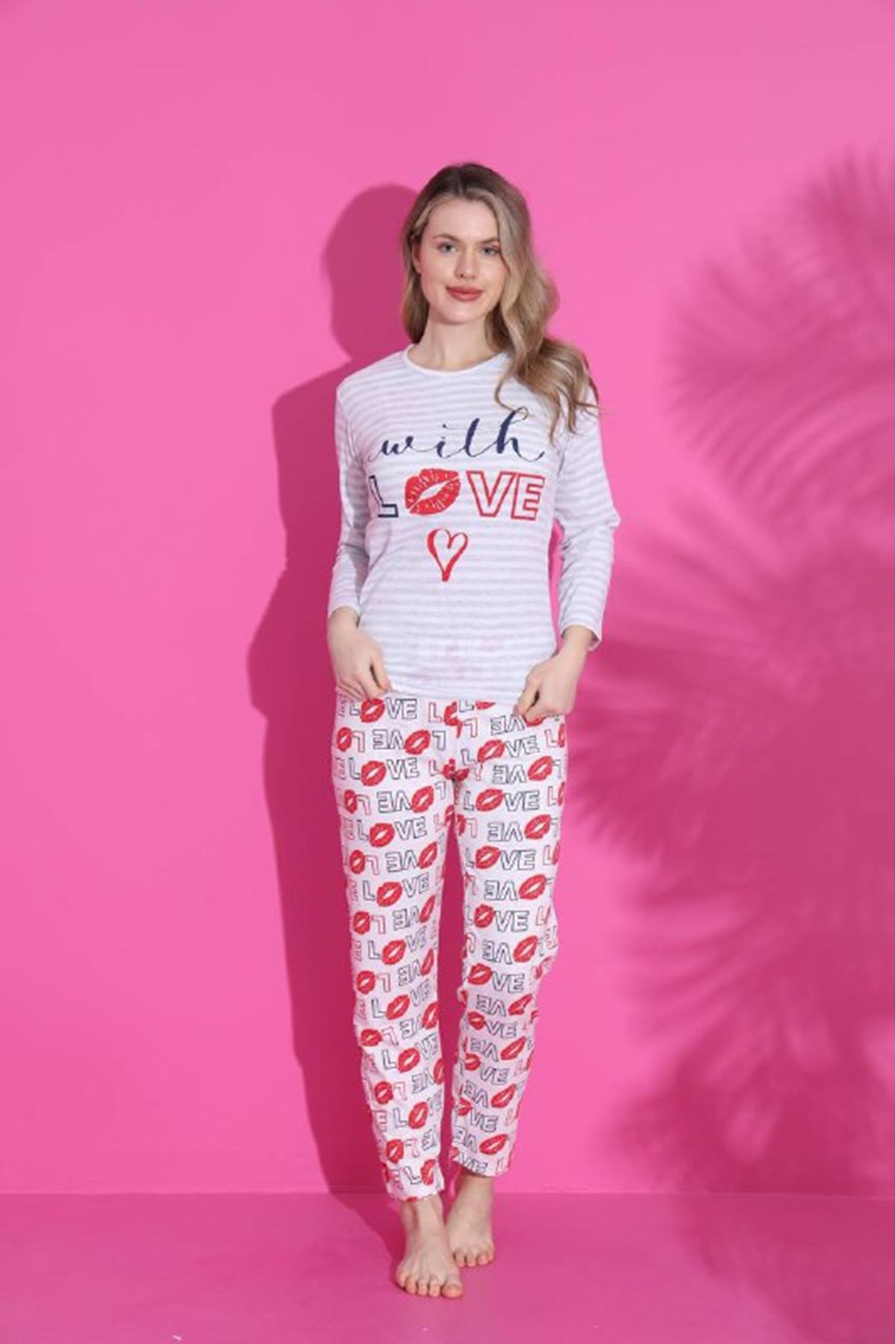 MLALE Milk Love Desenli Suprem Kumaş Uzun Kollu Bayan Pijama Takımı 1523-K