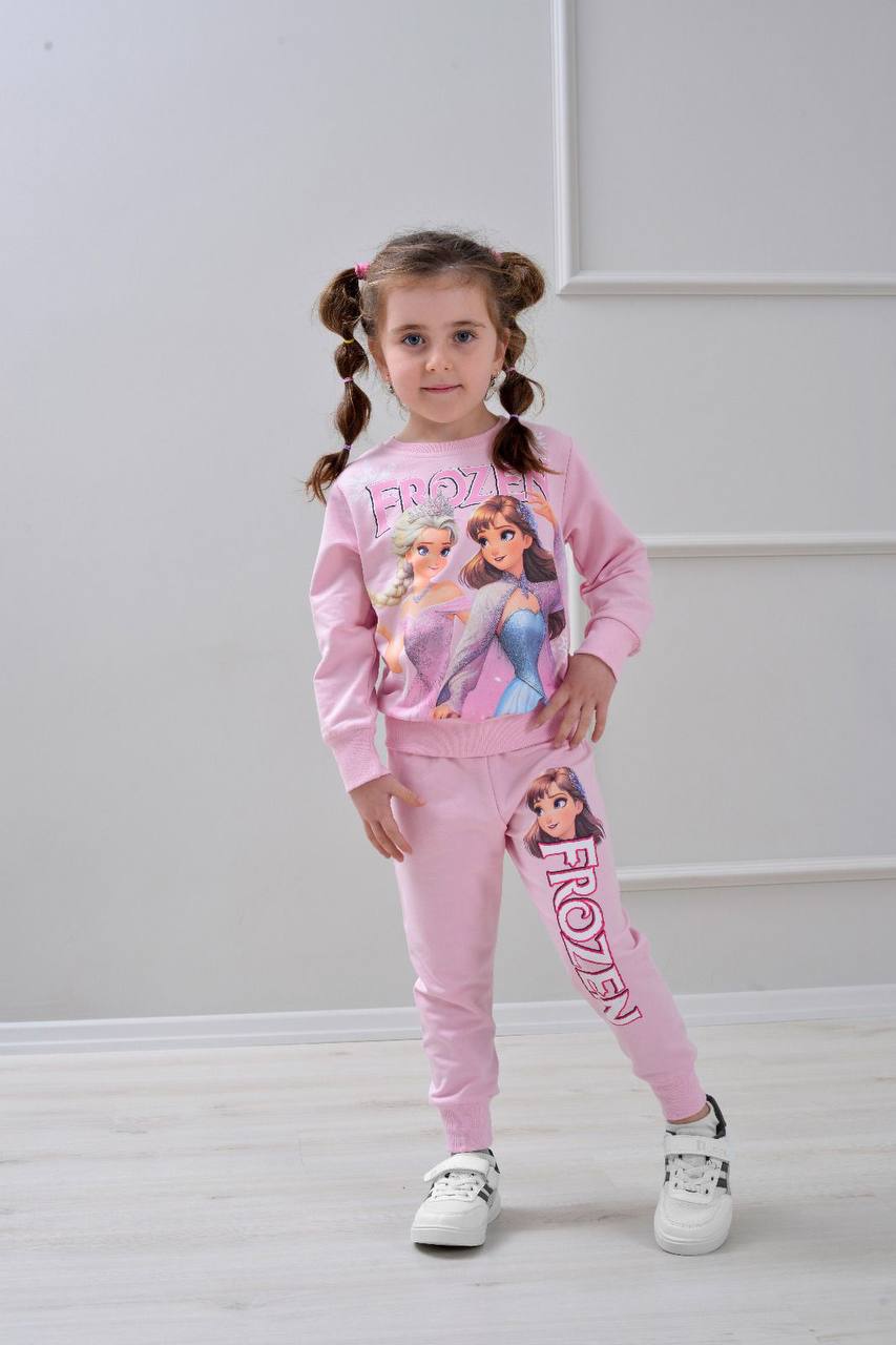 PJK2İ Frou Desenli 2 İp %100 Pamuk Kız Çocuk Eşofman Takımı 3-10 Yaş 6408 - PEMBE