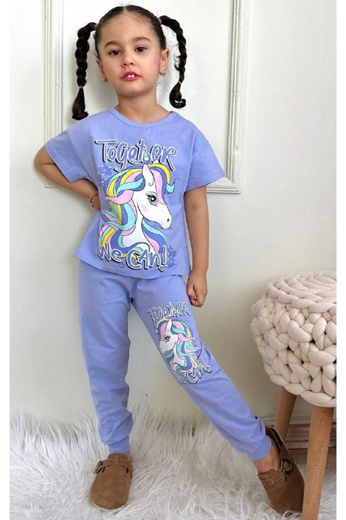 PJKKE Unicorn Desenli Lila Eşofmanlı Kız Çocuk Kısa Kol Takım 3-10 Yaş 7459-L
