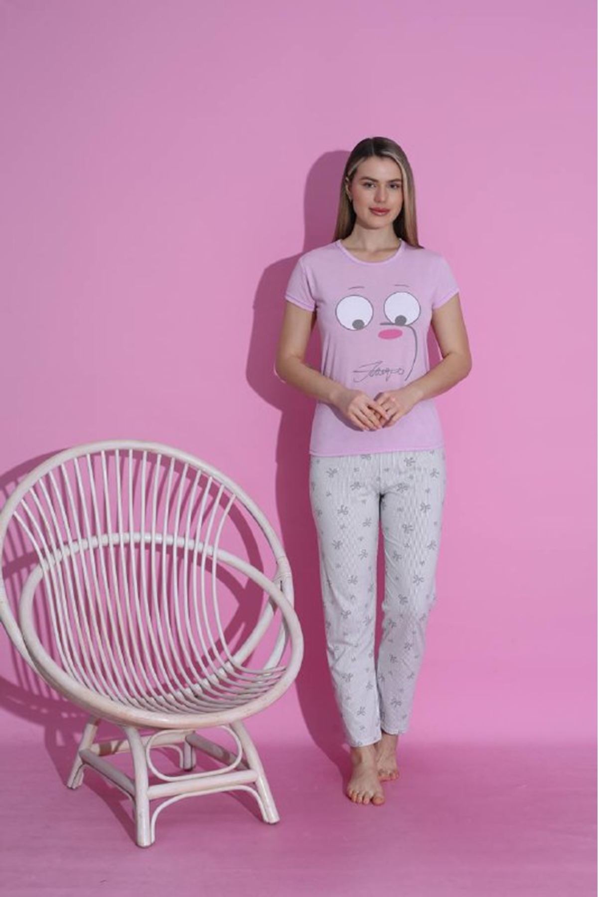 MLALE Ayıcık Desenli Suprem Kumaş Kısa Kollu Bayan Pijama Takımı 3379-P