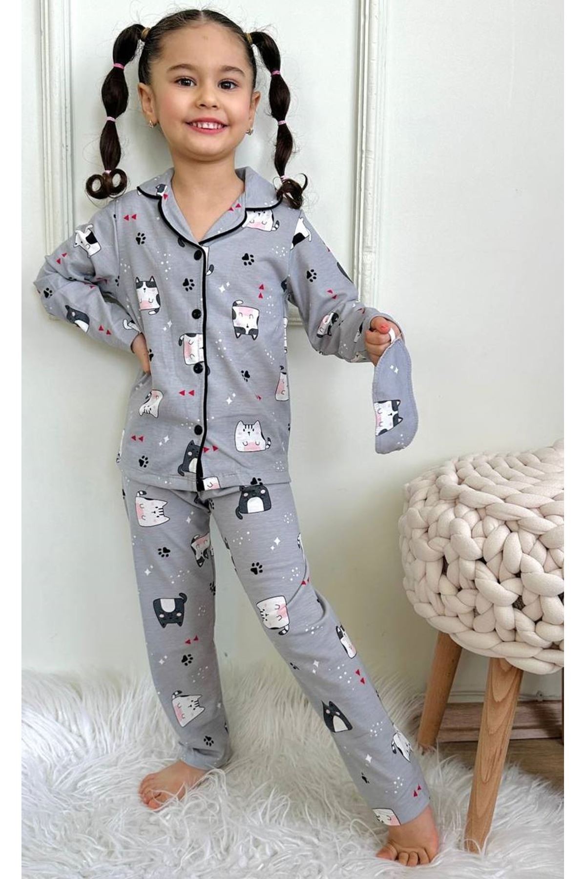 PJKÖ Kedicik Desenli Gri Uzun Kollu Önden Düğmeli Kız Çocuk Pijama Takımı 4-12 Yaş 540U-L