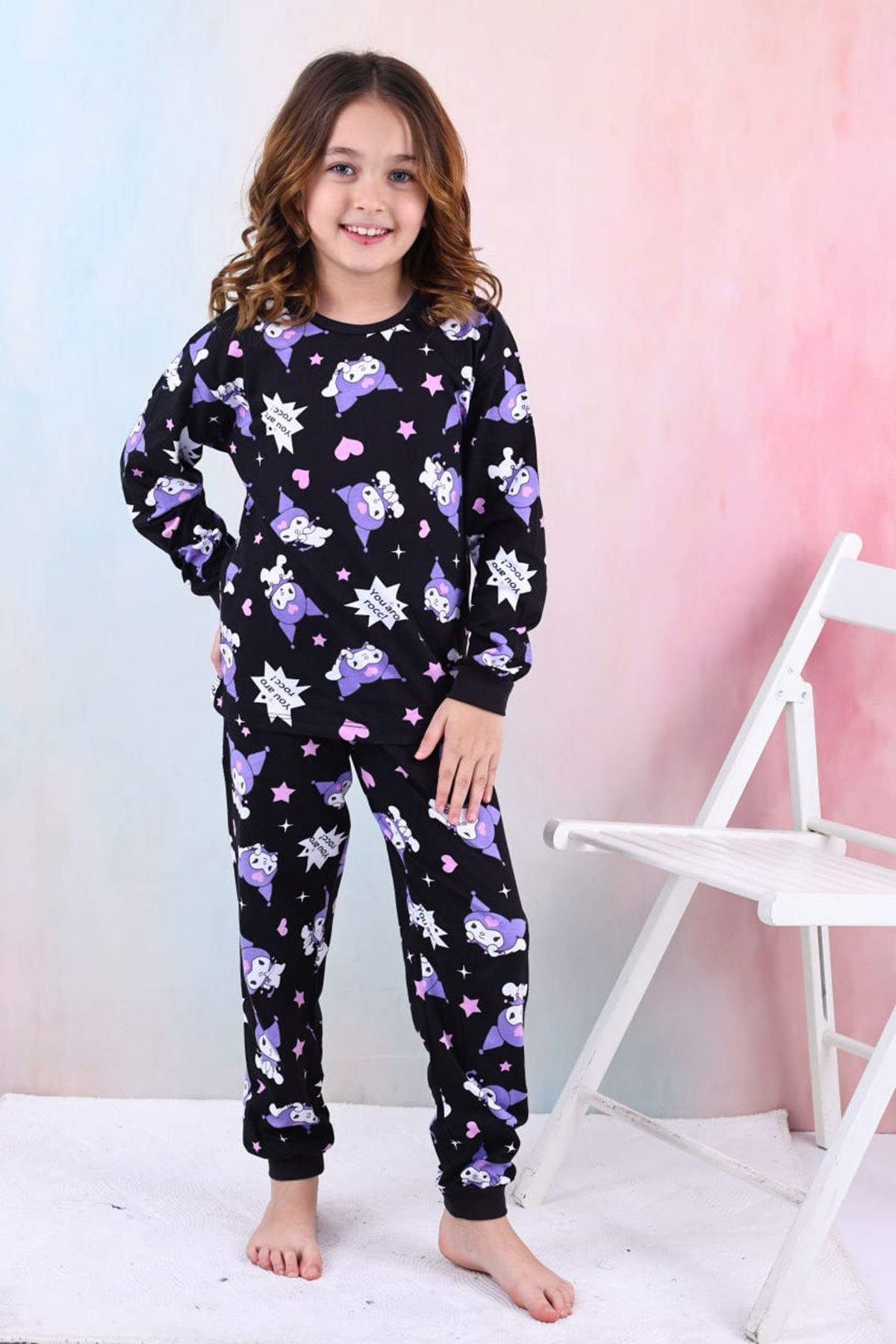 İSOB Siyah Kuromi Desenli %100 Pamuk Kız Çocuk Pijama Takımı 3-13 Yaş 41204-41403-S
