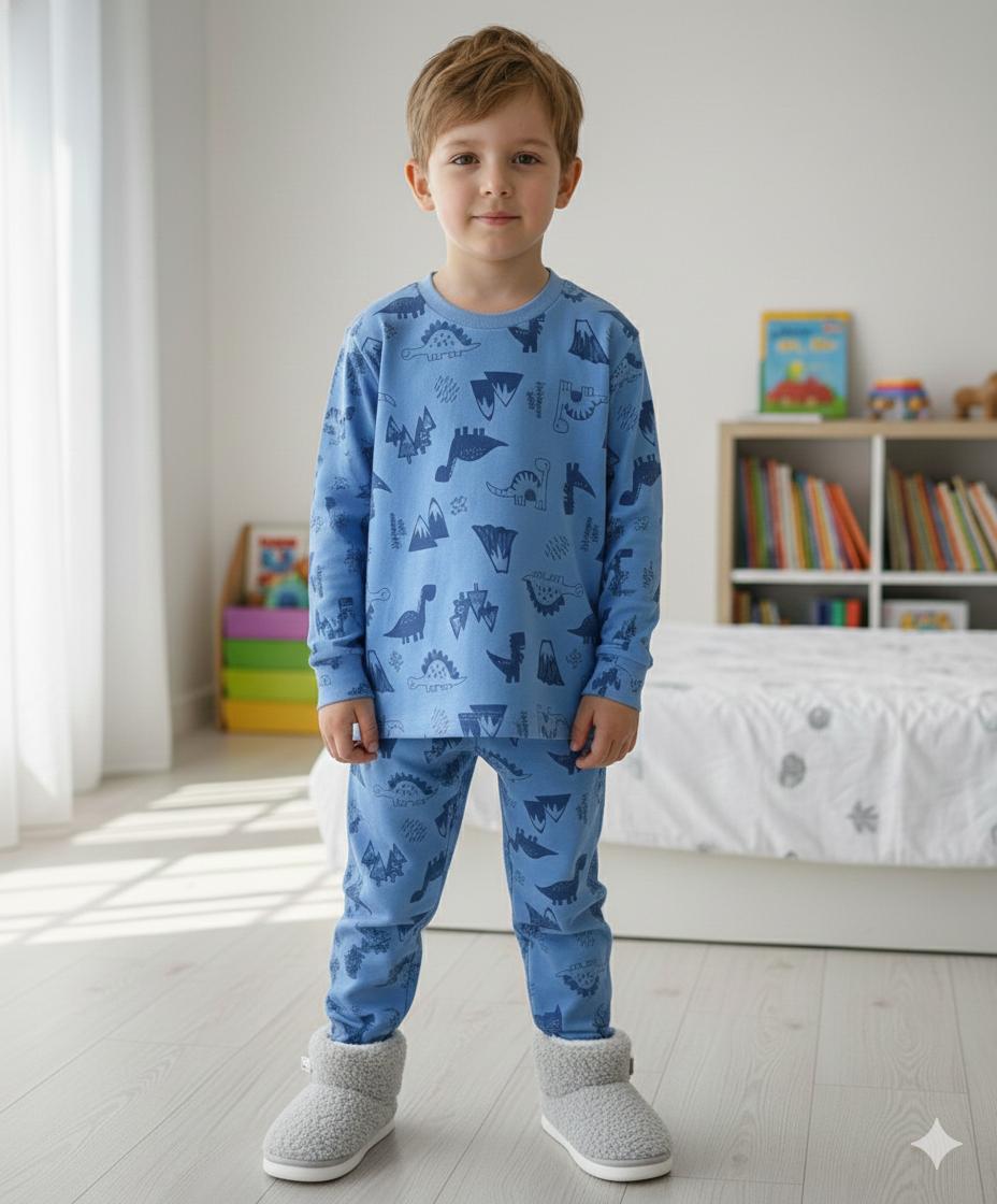 İSOB Mavi Dinozor Desenli İnterlok %100 Pamuk Erkek Çocuk Pijama Takımı 3-13 Yaş 42001