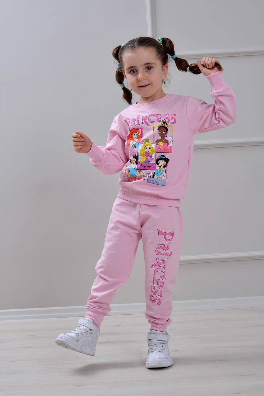 PJK2İ Prensesler Desenli 2 İp %100 Pamuk Kız Çocuk Eşofman Takımı 3-10 Yaş 6410 - PEMBE