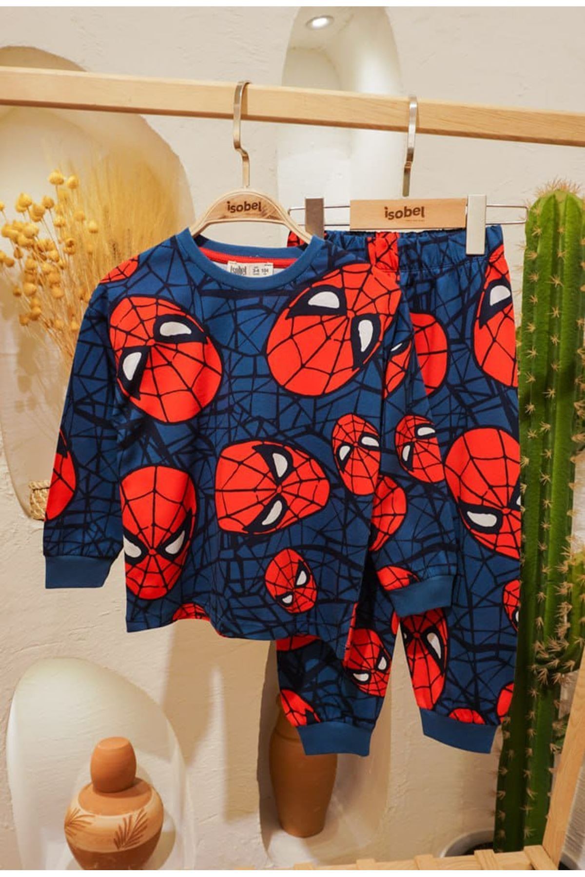 İSOB Lacivert Örümcek Adam Desenli %100 Pamuk Erkek Çocuk Pijama Takımı 8-13 Yaş 33218-41504-L