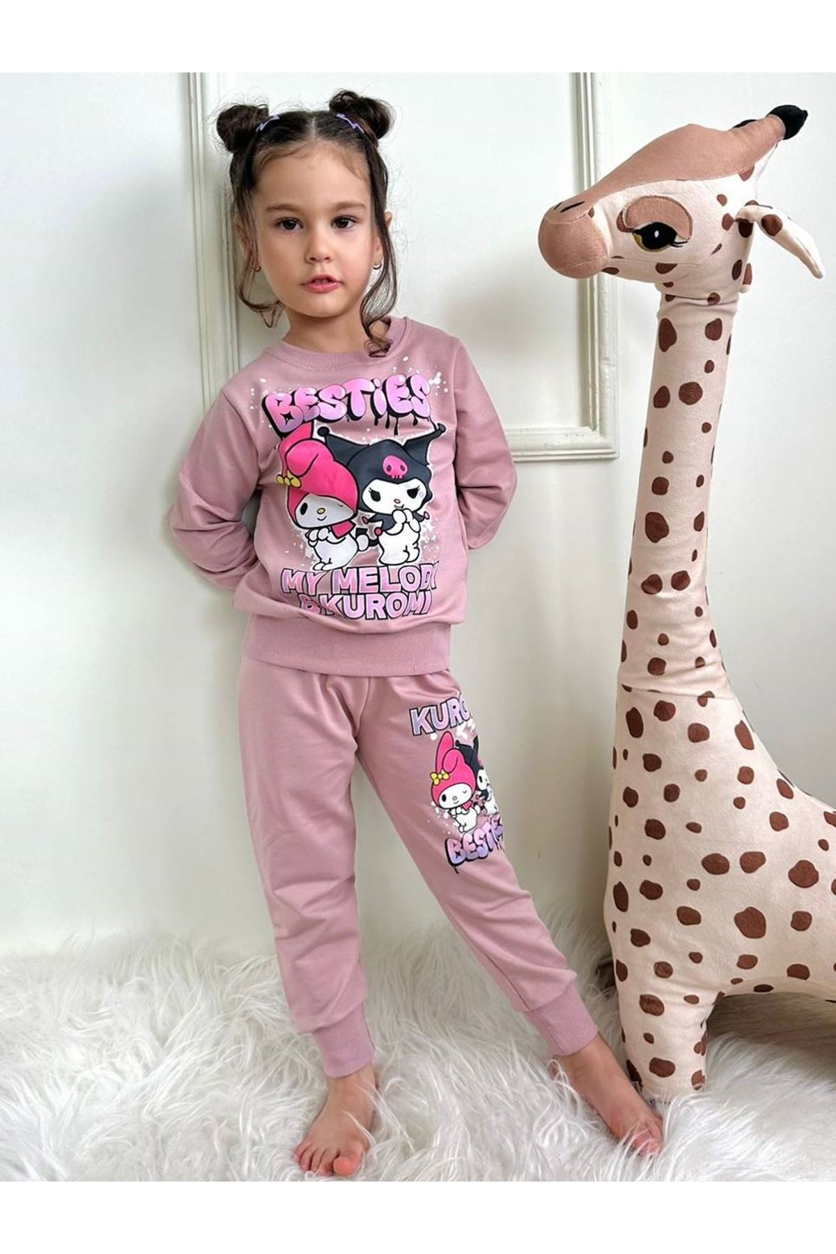 2PJK2İ Kuromi Desenli Gül Kurusu 2 İp %100 Pamuk Kız Çocuk Eşofman Takımı 3-10 Yaş 7278-GK