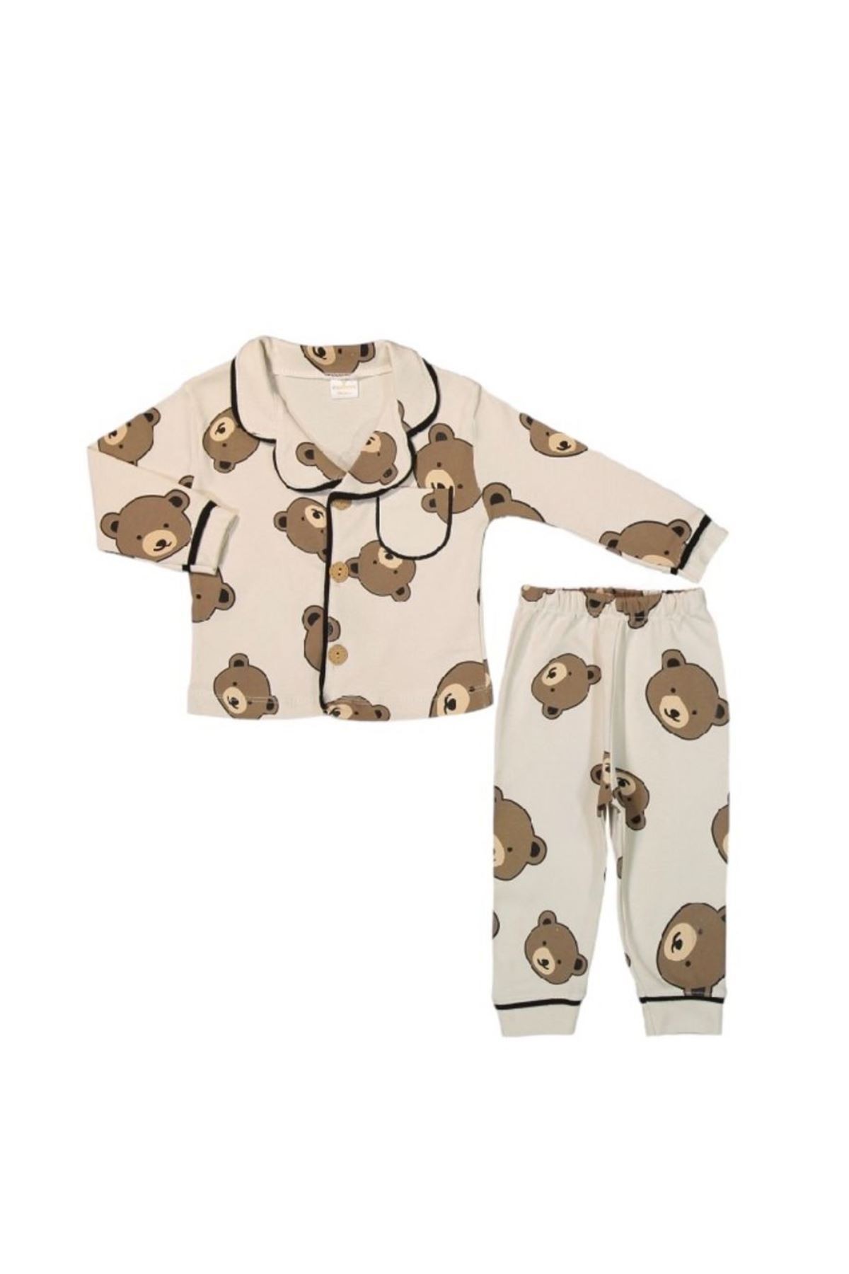 Ayıcık Baskılı %100 Pamuk Penye Bebek Pijama Takımı Bej 5787-B