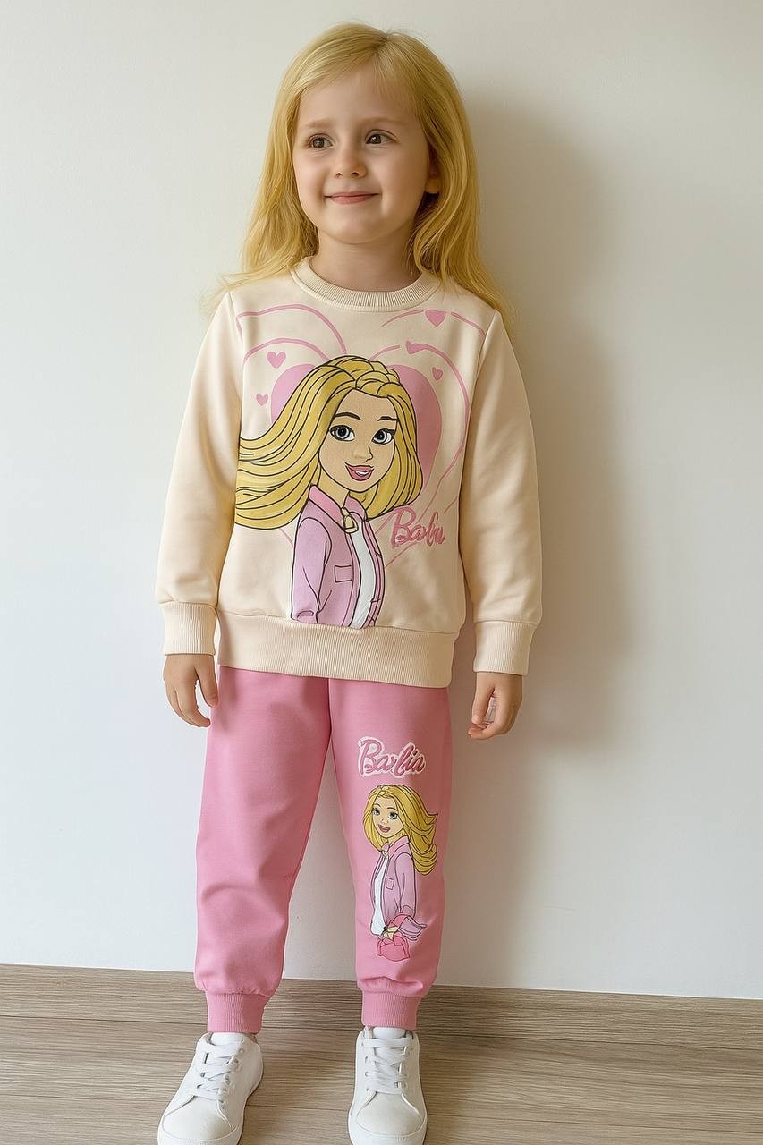 PJK2İ Barbie Desenli 2 İp %100 Pamuk Kız Çocuk Eşofman Takımı 3-10 Yaş 8118 - PEMBE