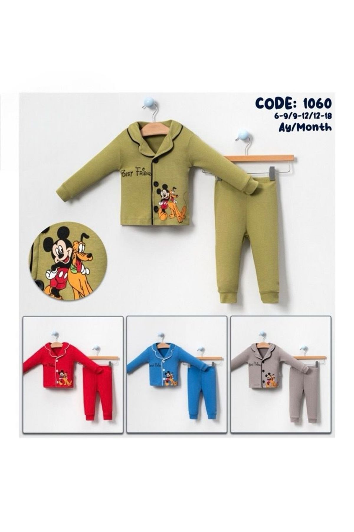 DLŞP Yeşil Mickey Baskılı %100 Pamuk Bebek Pijama Takımı 1060-Y