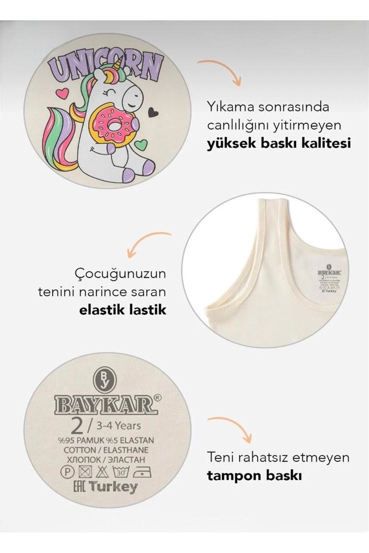Baykar Geniş Askılı Karışık Desen 3lü Kız Çocuk Atlet Seti 4692