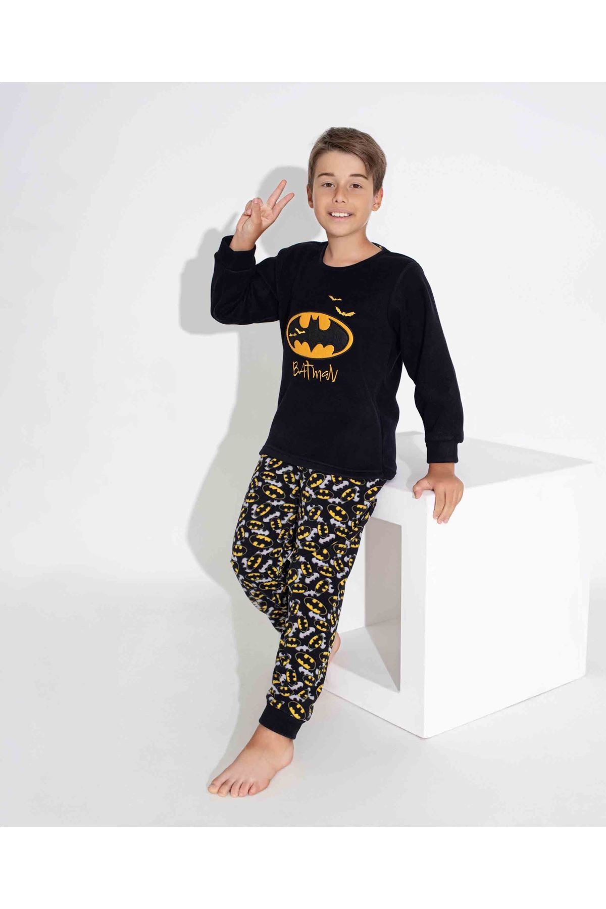 TARP Siyah Batman Desenli Polar Erkek Çocuk Pijama Takımı 7-11 Yaş 3748-S