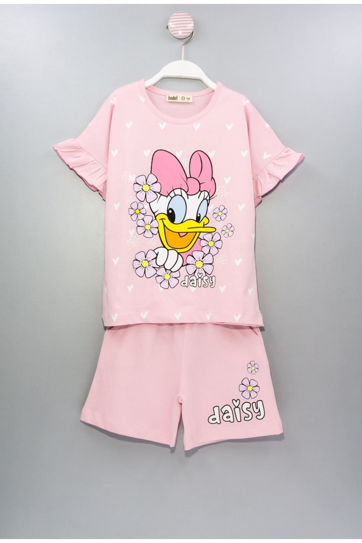 İSOB Pembe Daisy Desenli Kolları Fırfırlı %100 Pamuk Kız Çocuk Kısa Kollu Şortlu Takım 3-12 Yaş 23302-P