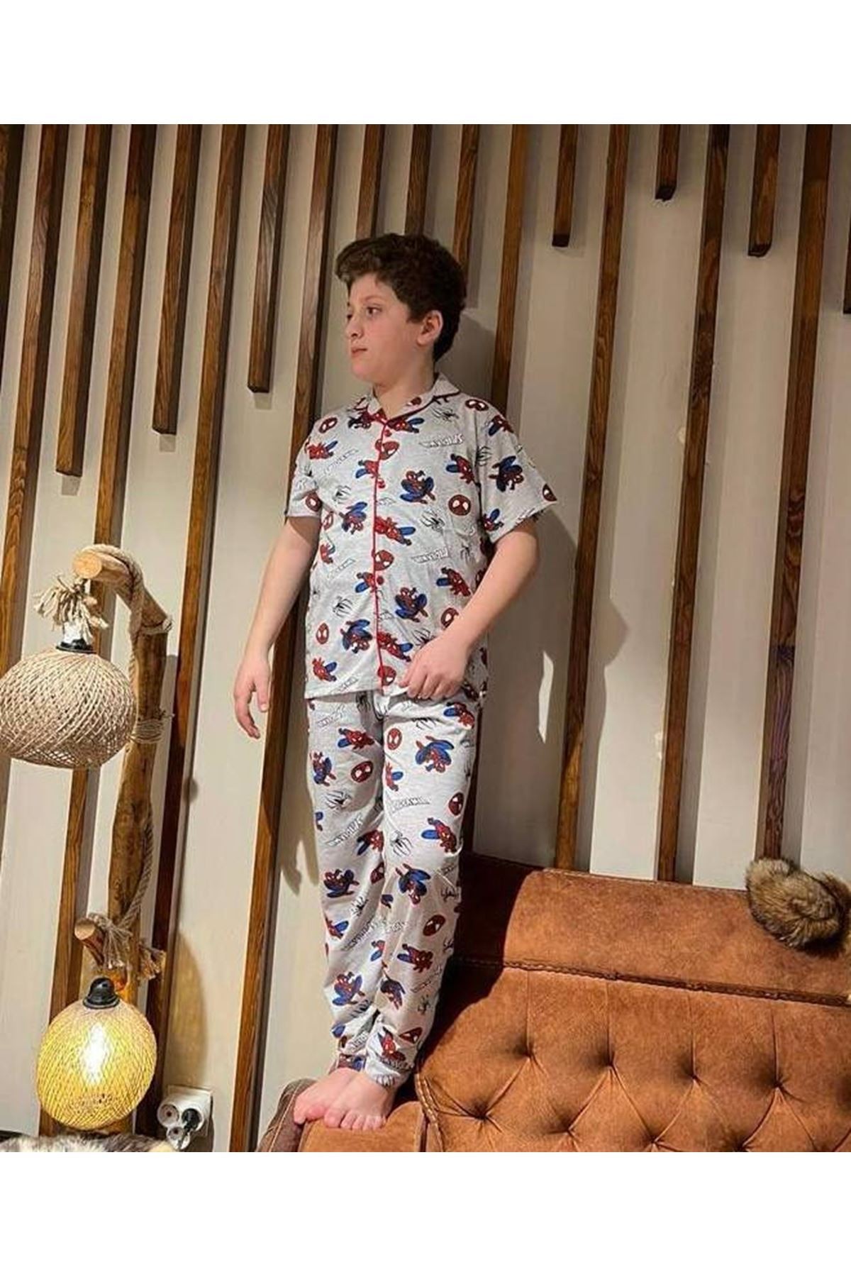 PJKÖ Örümcek Adam Desenli Gri Kısa Kollu Önden Düğmeli Erkek Çocuk Pijama Takımı 4-12 Yaş A701-G