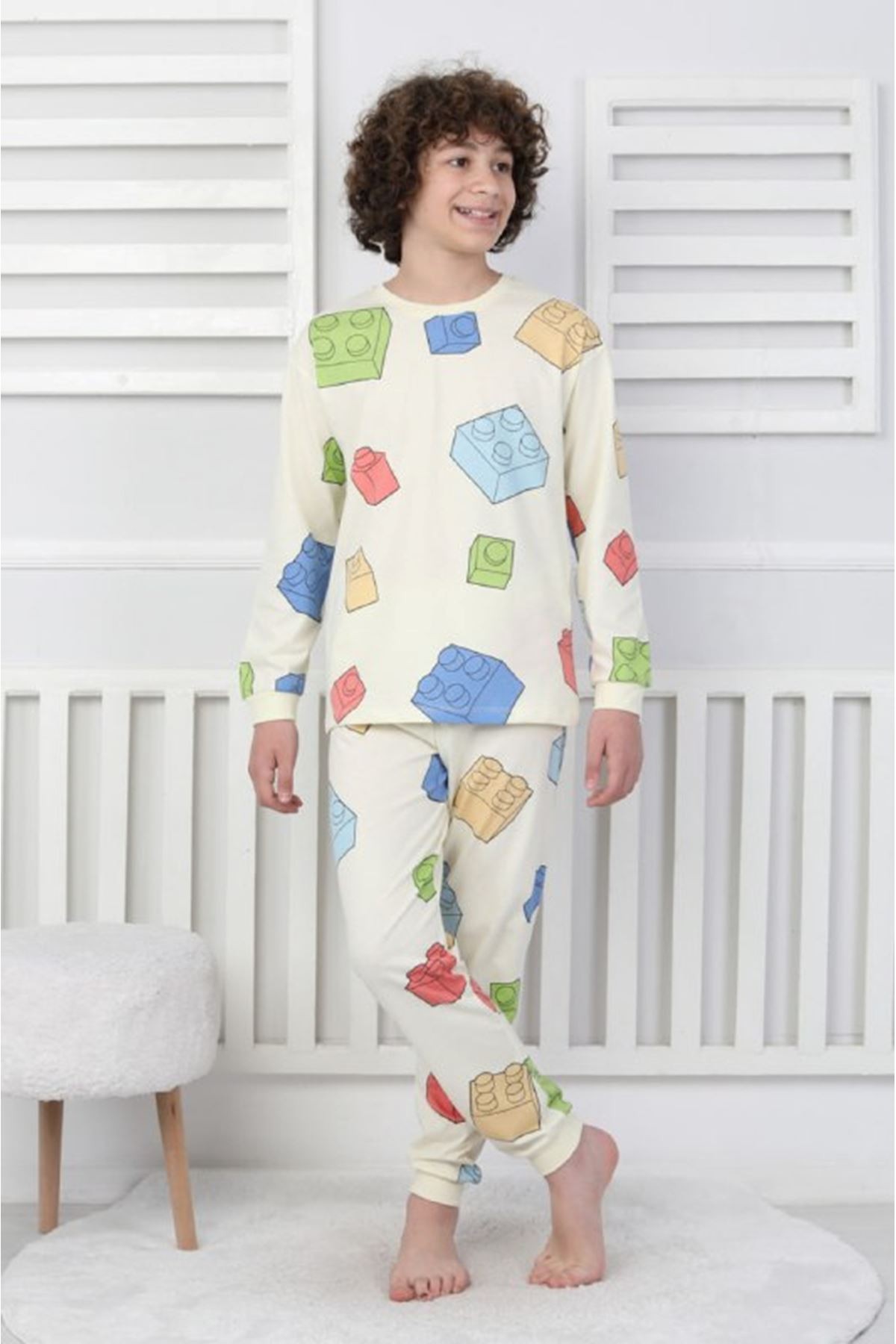 İSOB Ekru Lego Desenli %100 Pamuk Erkek Çocuk Kısa Kollu Pijama Takımı 8-13 Yaş 41505-E