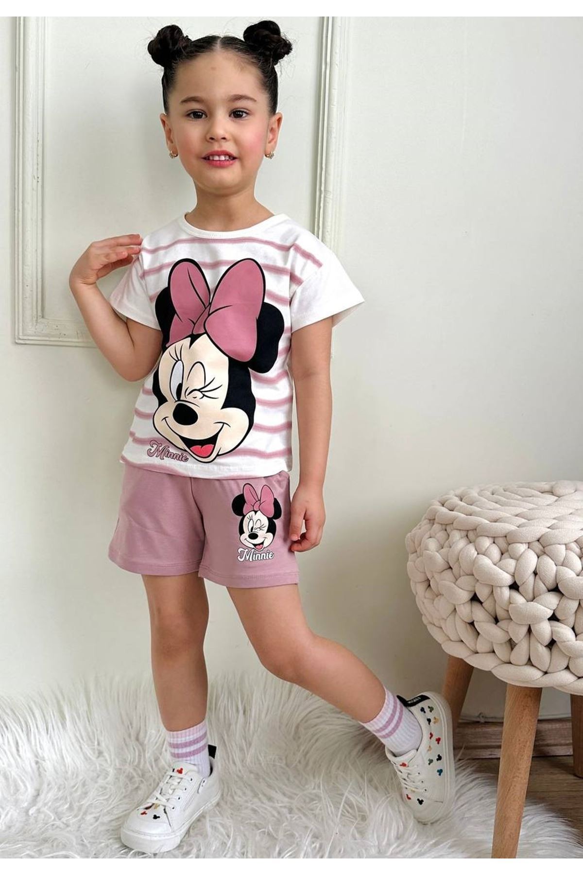 PJKSKT Çizgili Minnie Mause Desenli Gül Kurusu Şortlu Kız Çocuk Kısa Kol Takım 7550-GK
