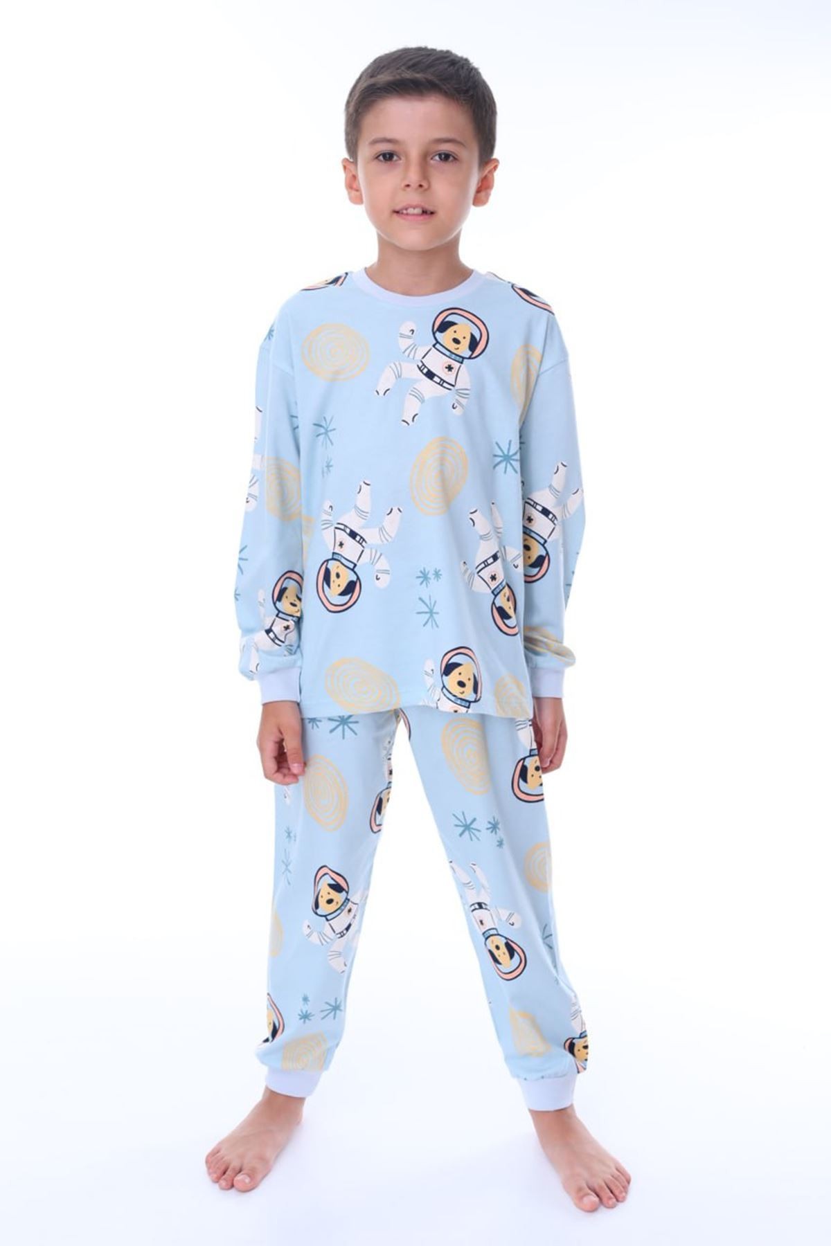 İSOB Mavi Astronot Köpek Desenli %100 Pamuk Unisex Çocuk Pijama Takımı 3-8 Yaş 32202-M