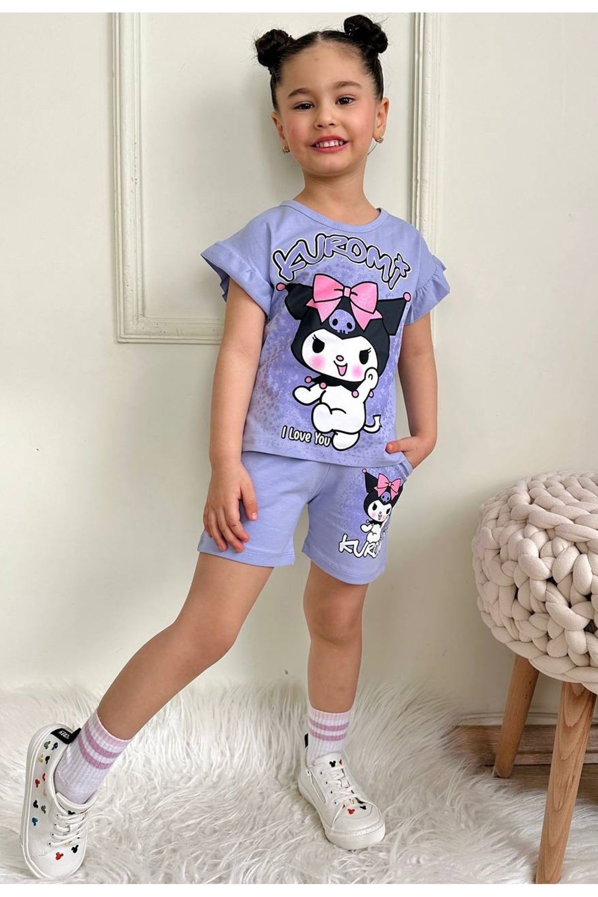 PJKSKT Kuromi Desenli Lila Şortlu Kız Çocuk Kısa Kol Takım 7535-L