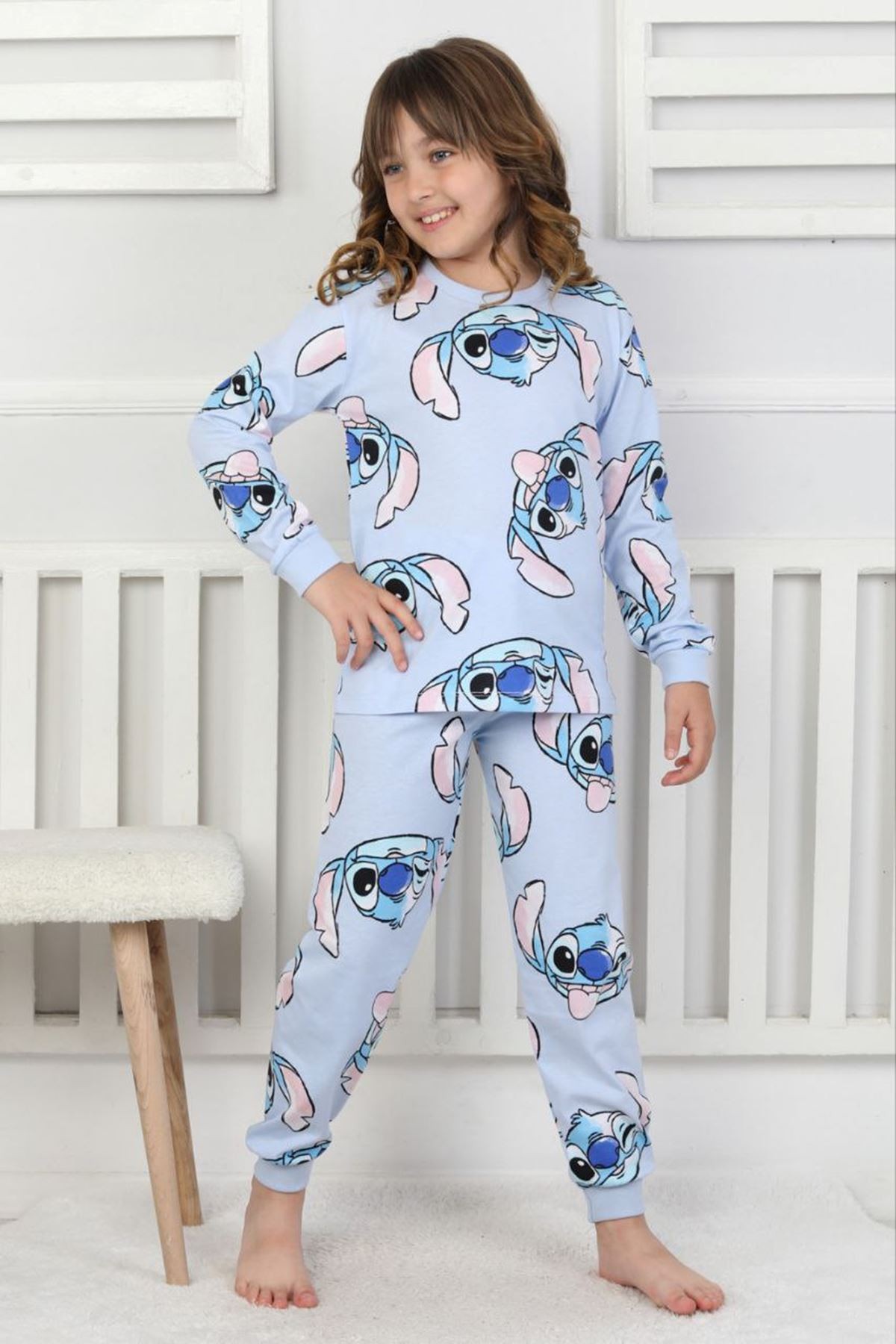 İSOB Lila Stitch Desenli %100 Pamuk Kız Çocuk Pijama Takımı 3-8 Yaş 51202-L