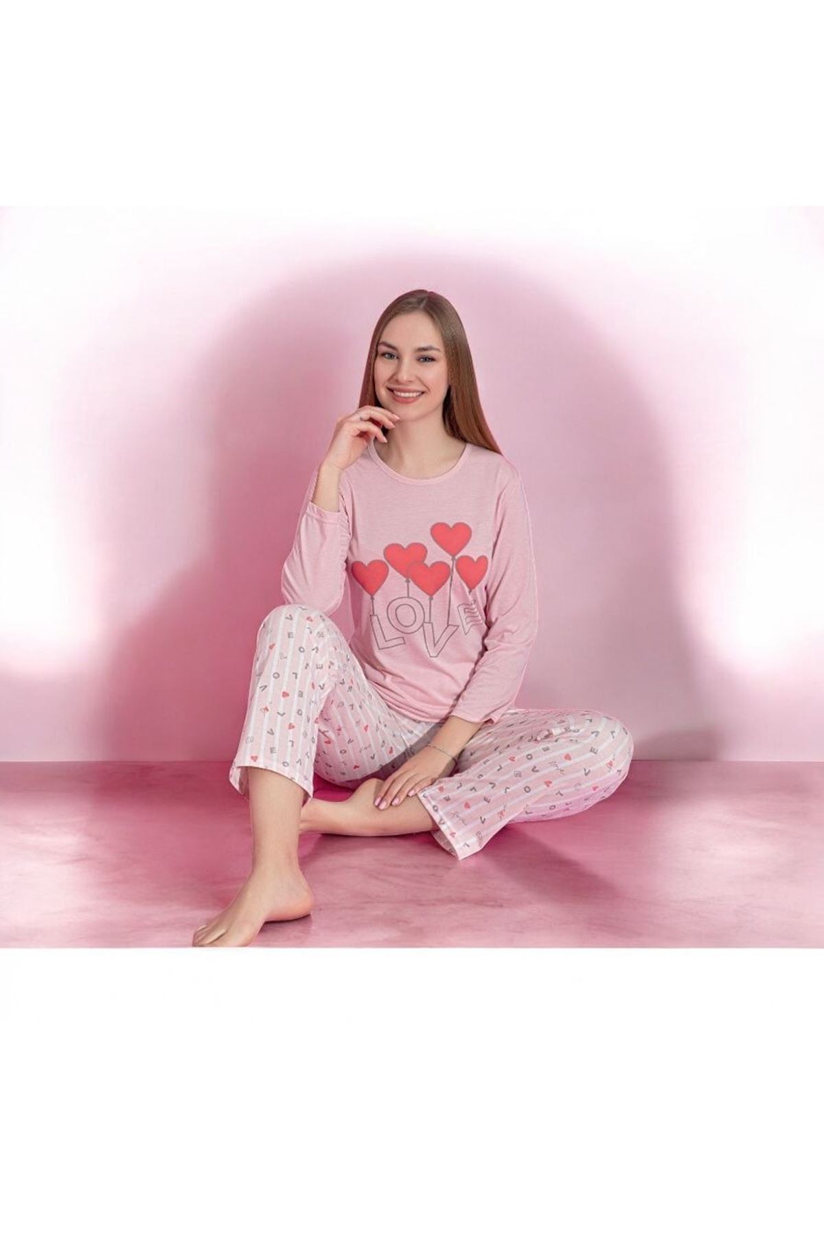 MLALE Pembe Kalp Desenli Suprem Kumaş Uzun Kollu Bayan Pijama Takımı 1494-P