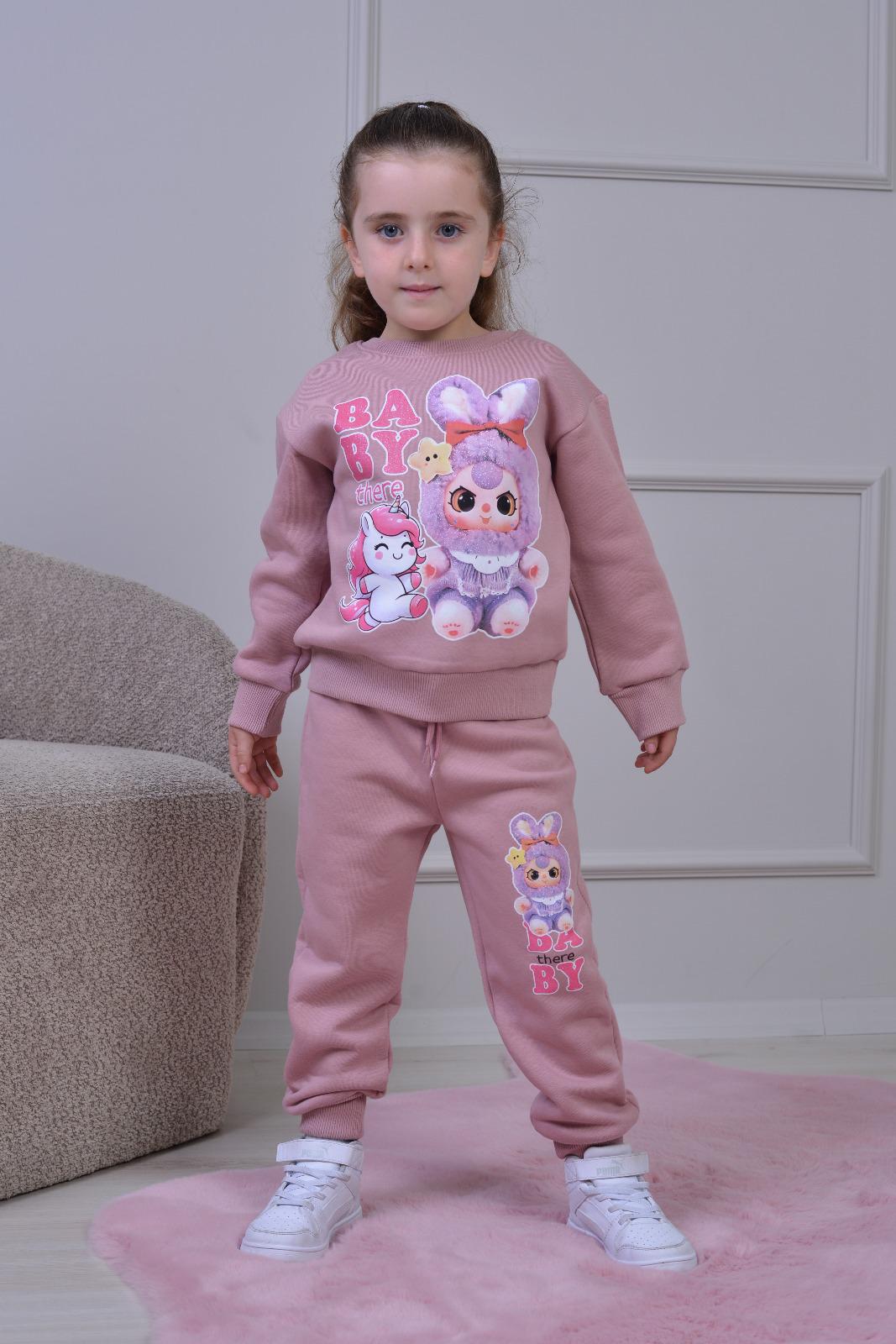 PJK3İ Baby Desenli 3 İp Şardonlu %100 Pamuk Kız Çocuk Eşofman Takımı 3-10 Yaş 8247