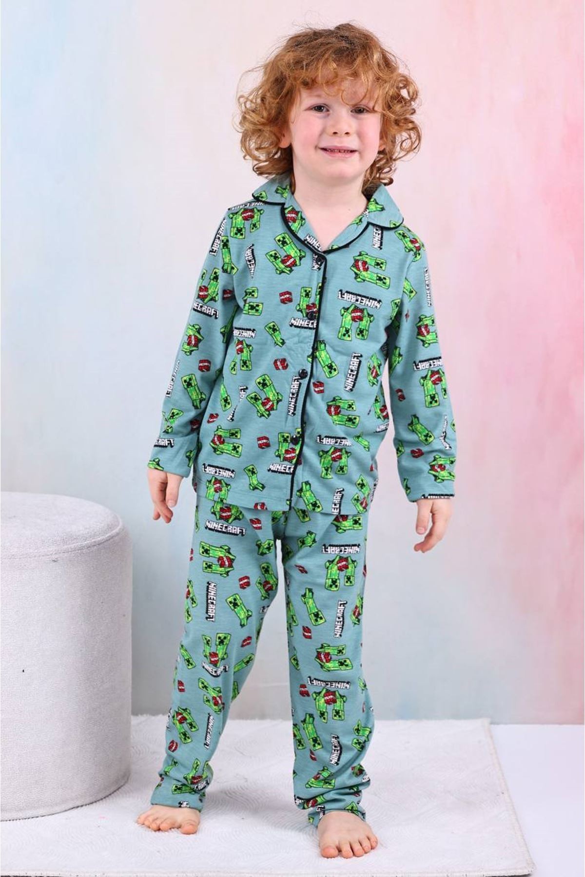 PJKÖ Minec Desenli Yeşil Uzun Kollu Önden Düğmeli Erkek Çocuk Pijama Takımı 4-12 Yaş 604U