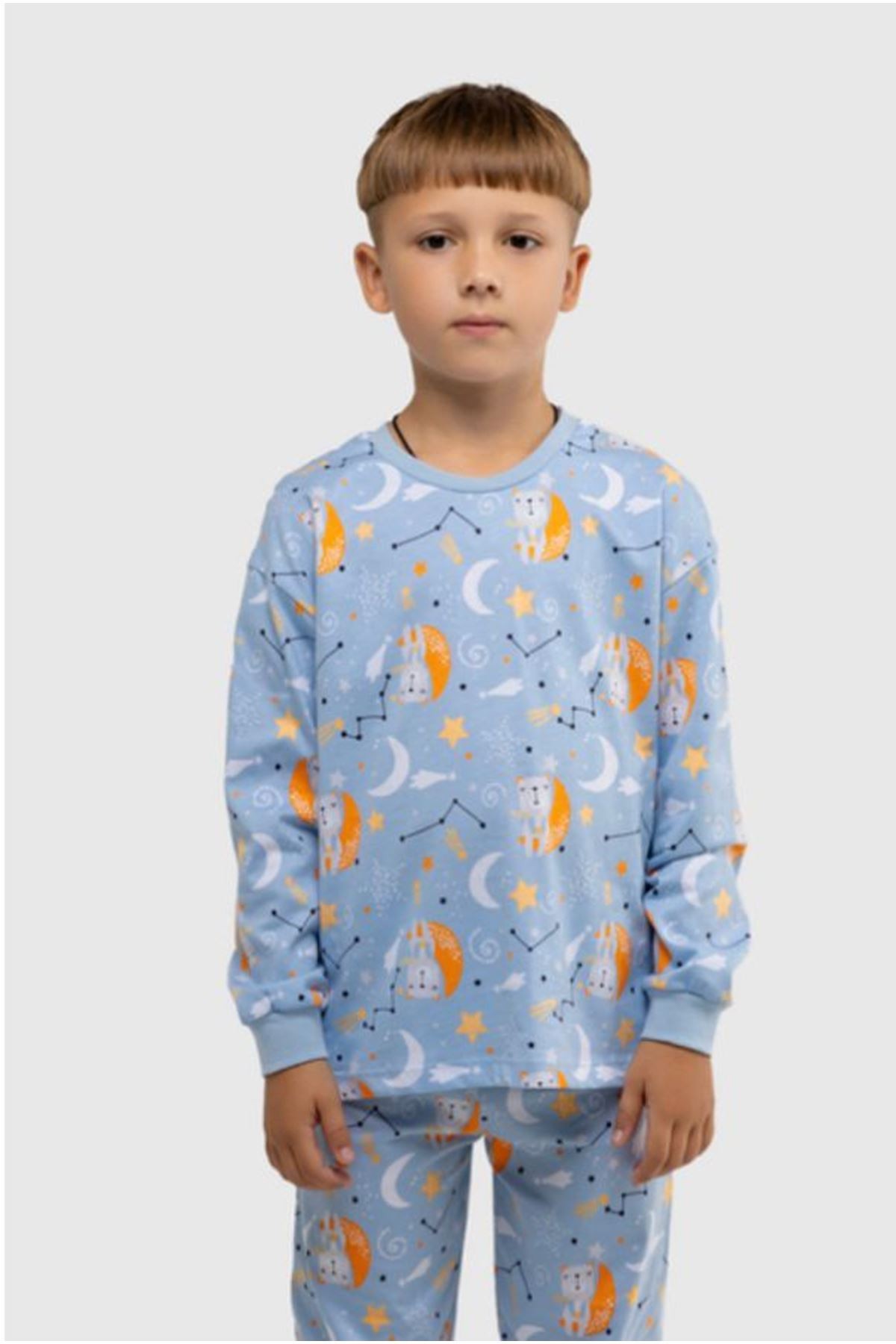 İSOB Mavi Aydede ve Ayı Desenli %100 Pamuk Erkek Çocuk Pijama Takımı 3-12 Yaş 22502-M