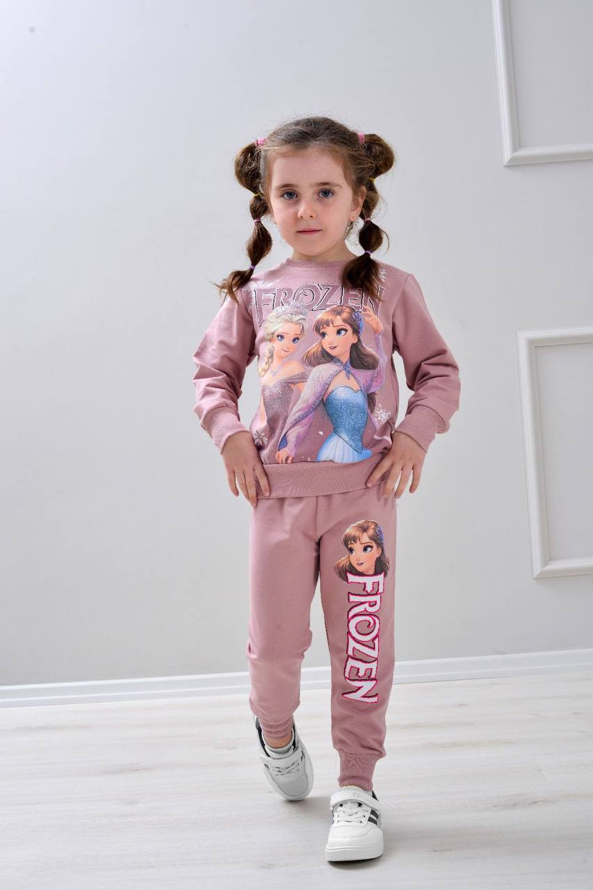 PJK2İ Frou Desenli 2 İp %100 Pamuk Kız Çocuk Eşofman Takımı 3-10 Yaş 6408 - GÜL KURUSU