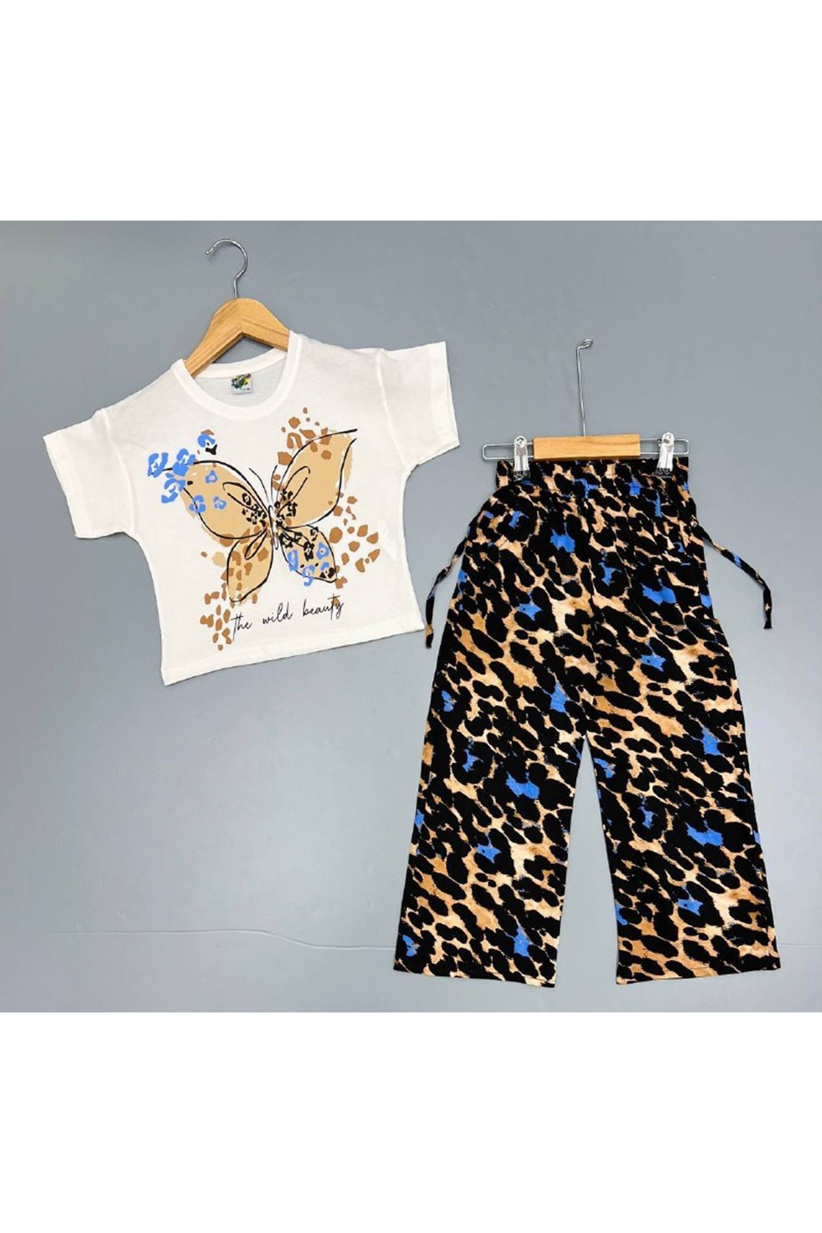 Kelebek Desen Leopar Pantolonlu Kız Takım Ekru 4-12 Yaş 7086-E