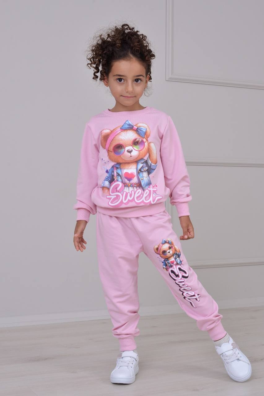 PJK2İ Bear Ayıcık Kız Desenli 2 İp %100 Pamuk Kız Çocuk Eşofman Takımı 3-10 Yaş 8179 - PEMBE