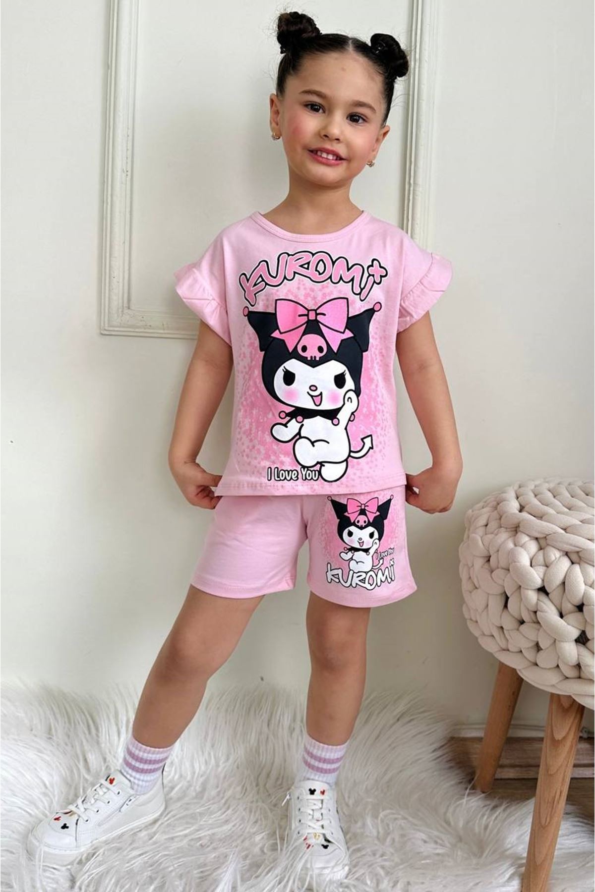 PJKSKT Kuromi Desenli Pembe Şortlu Kız Çocuk Kısa Kol Takım 7535-P