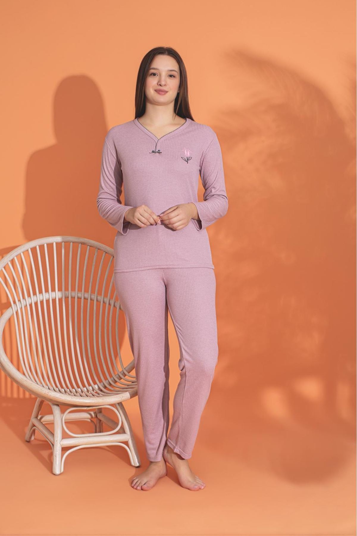 MLALE Koyu Pembe İnce Fitilli Raporlu İnterlok Bayan Pijama Takımı 3155