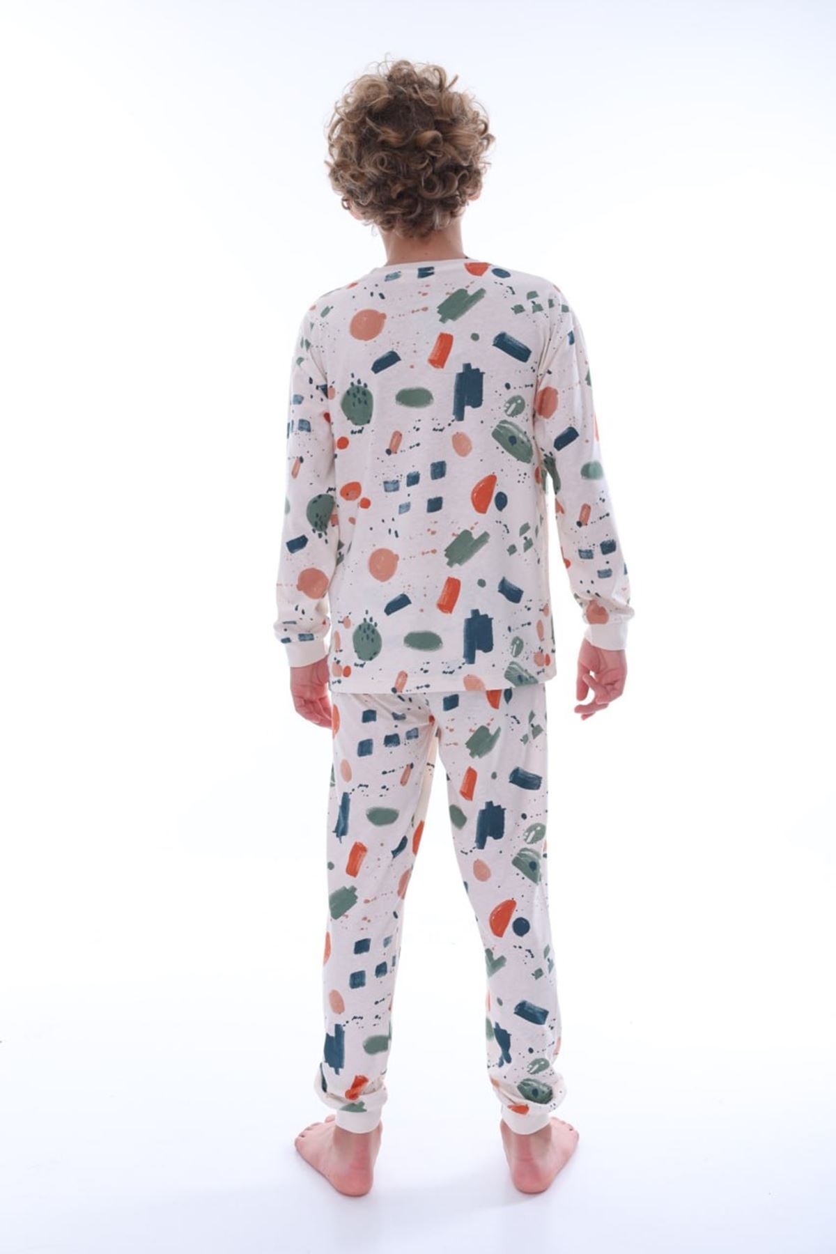 İSOB Ekru Nokta Sıçratma Desenli %100 Pamuk Erkek Çocuk Pijama Takımı 8-13 Yaş 36206-E