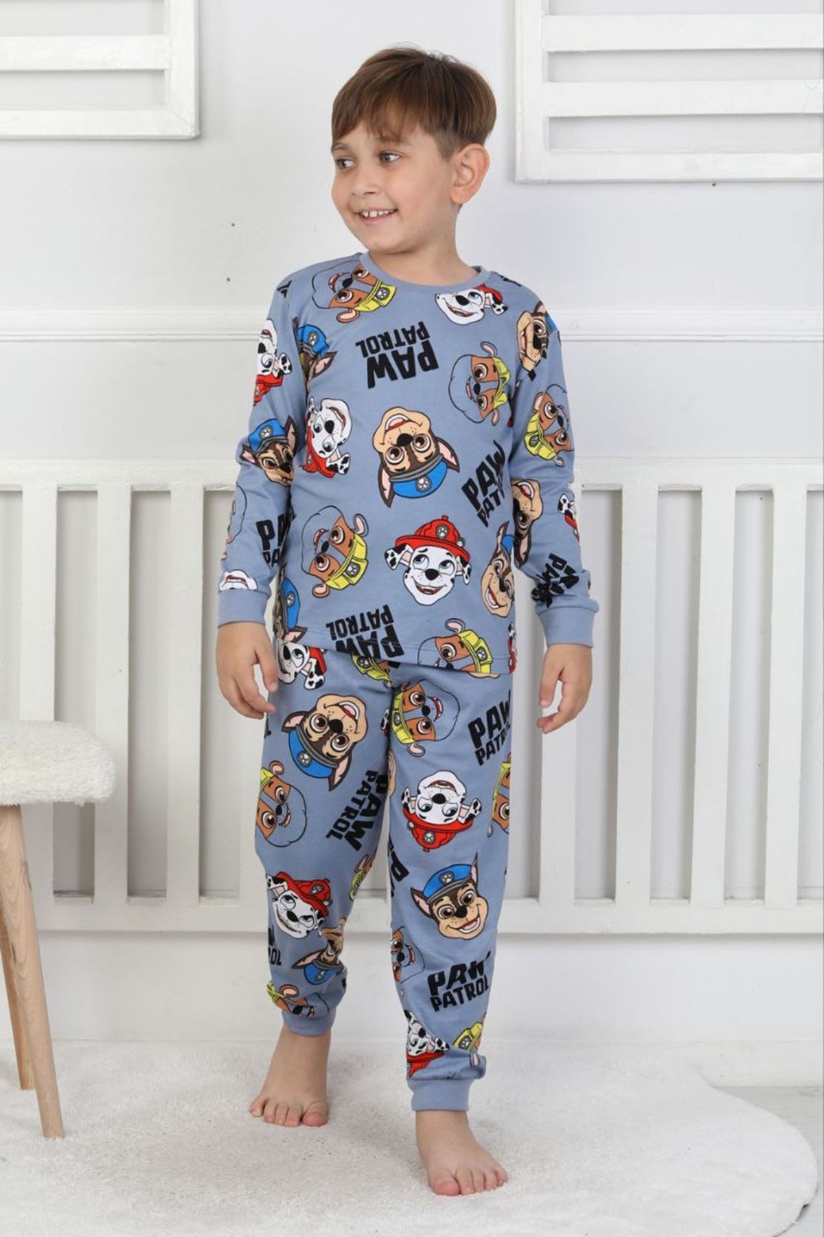 İSOB Mavi Paw Petrol Desenli %100 Pamuk Erkek Çocuk Pijama Takımı 3-8 Yaş 51306-M