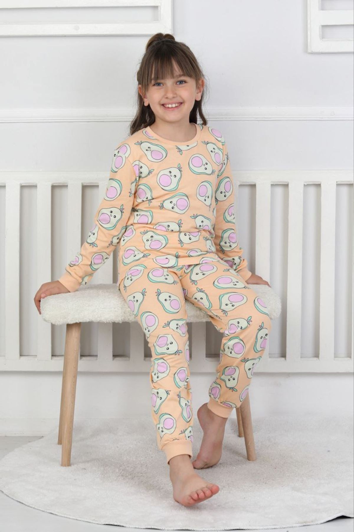 İSOB Somon Avakado Desenli %100 Pamuk Kız Çocuk Pijama Takımı 3-13 Yaş 51201-51402-S