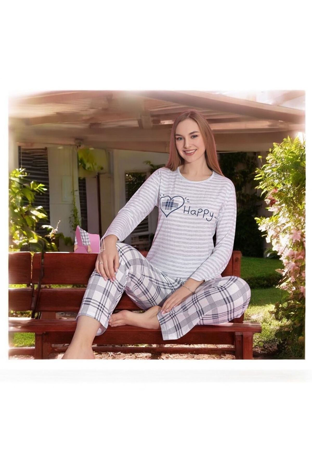 MLALE Happy Desenli Suprem Kumaş Uzun Kollu Bayan Pijama Takımı 1466-G