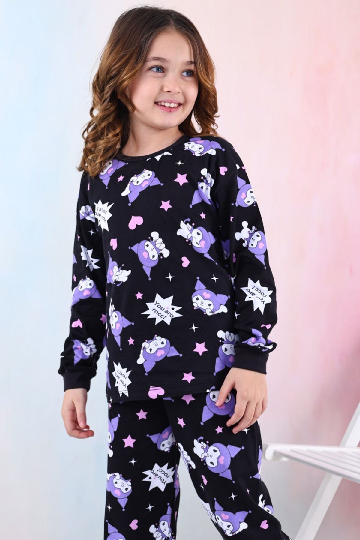 İSOB Siyah Kuromi Desenli %100 Pamuk Kız Çocuk Pijama Takımı 3-13 Yaş 41204-41403-S