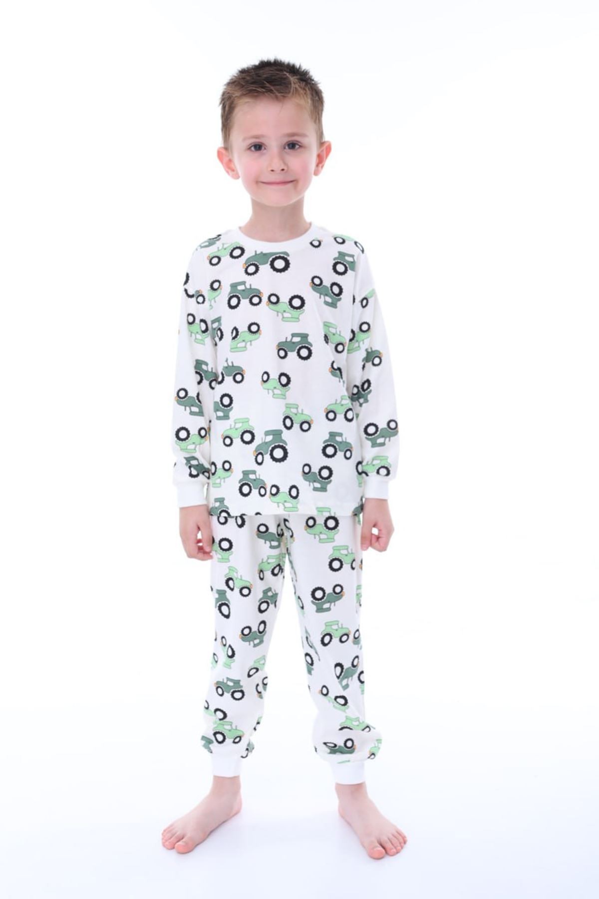 İSOB Ekru Traktör Desenli %100 Pamuk Erkek Çocuk Pijama Takımı 3-8 Yaş 32217-E