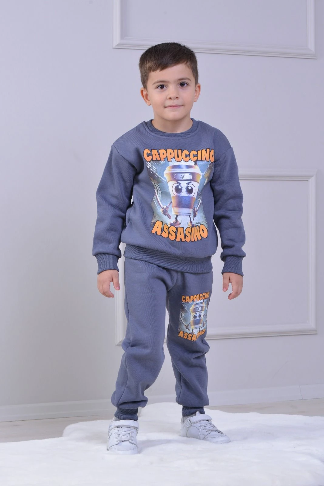 PJK3İ Cappıcıno Desenli 3 İp Şardonlu %100 Pamuk Erkek Çocuk Eşofman Takımı 3-10 Yaş 8266 - FÜME