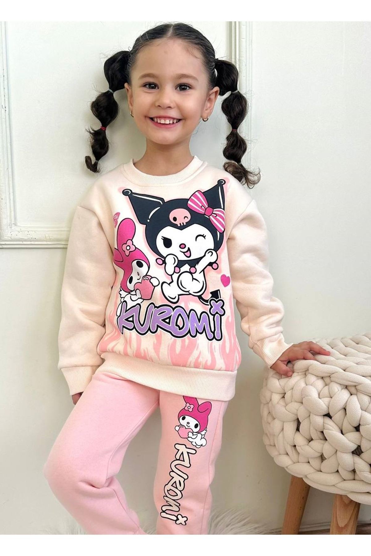 PJK3İ Kuromi Desenli Pembe 3 İp Şardonlu %100 Pamuk Kız Çocuk Eşofman Takımı 3-10 Yaş 7336-P