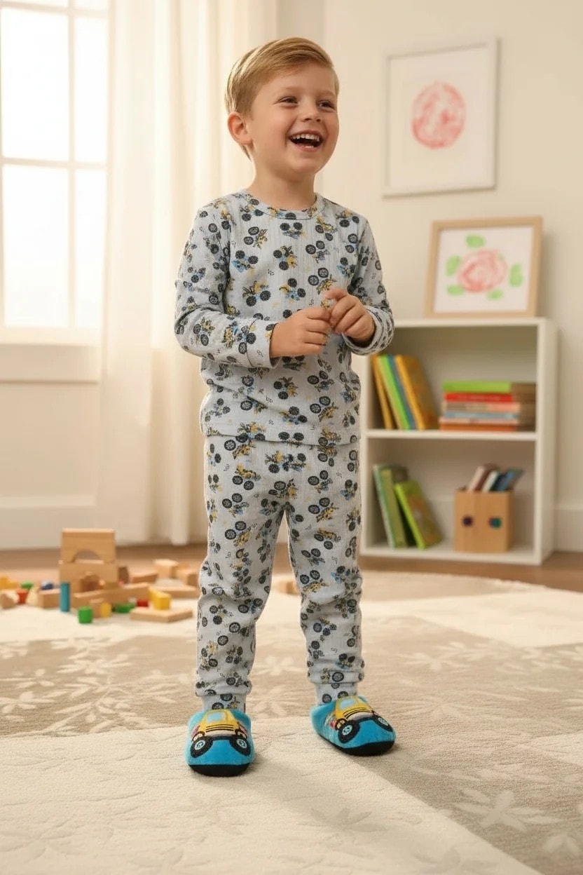 YAĞMUR Balıklı Traktör Desenli %100 Pamuk Fitilli Kumaş Erkek Çocuk Pijama Takımı 3-12 Yaş 1007