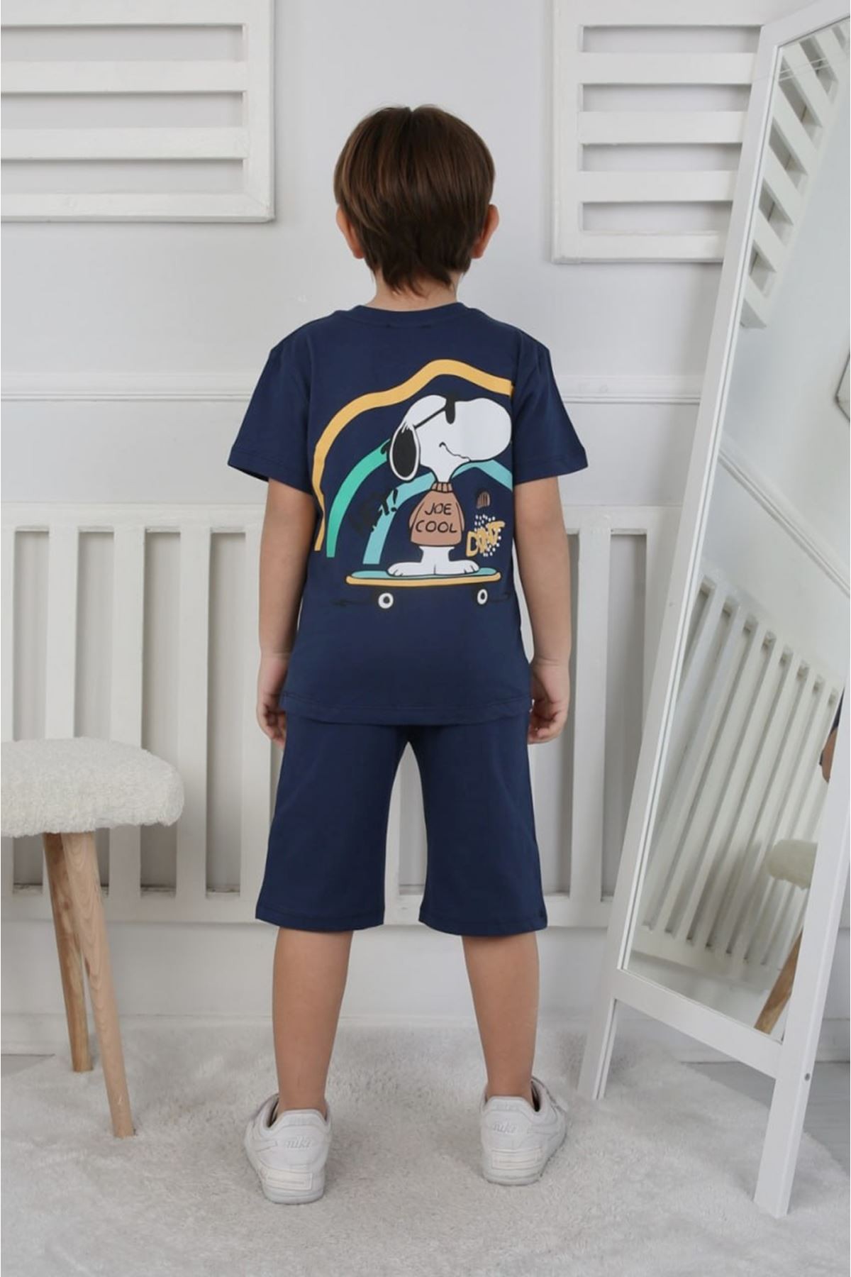 İSOB Lacivert Snoopy Desenli %100 Pamuk Erkek Çocuk Kısa Kollu Şortlu Takım 3-12 Yaş 24407-L
