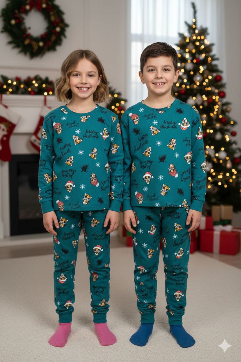 İSOBEL Yeşil Yeni Yıl Desenli İnterlok %100 Pamuk Unisex Kız ve Erkek Çocuk Pijama Takımı 3-13 Yaş 42227-Y