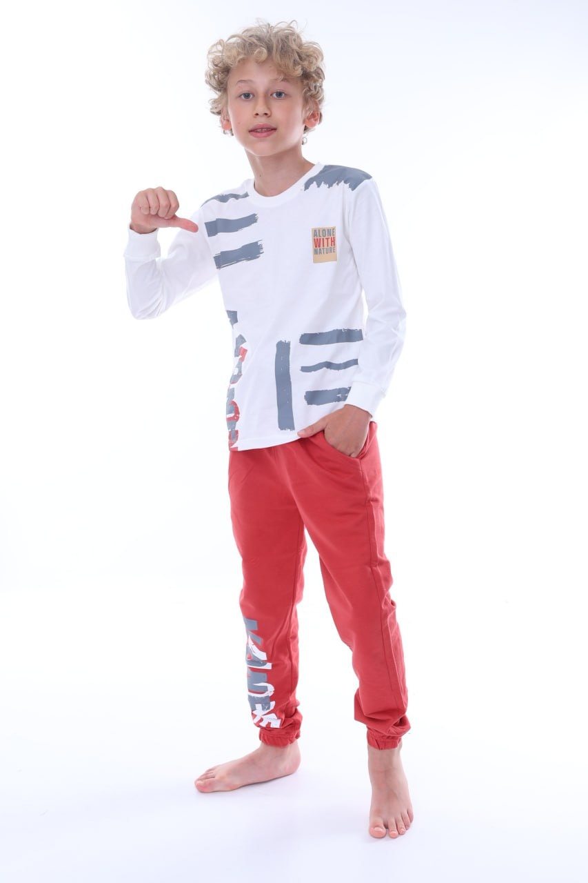 İSOBGİV Alone Desenli %100 Pamuk Erkek Çocuk Pijama Takımı 7-11Yaş 24038 - KİREMİT