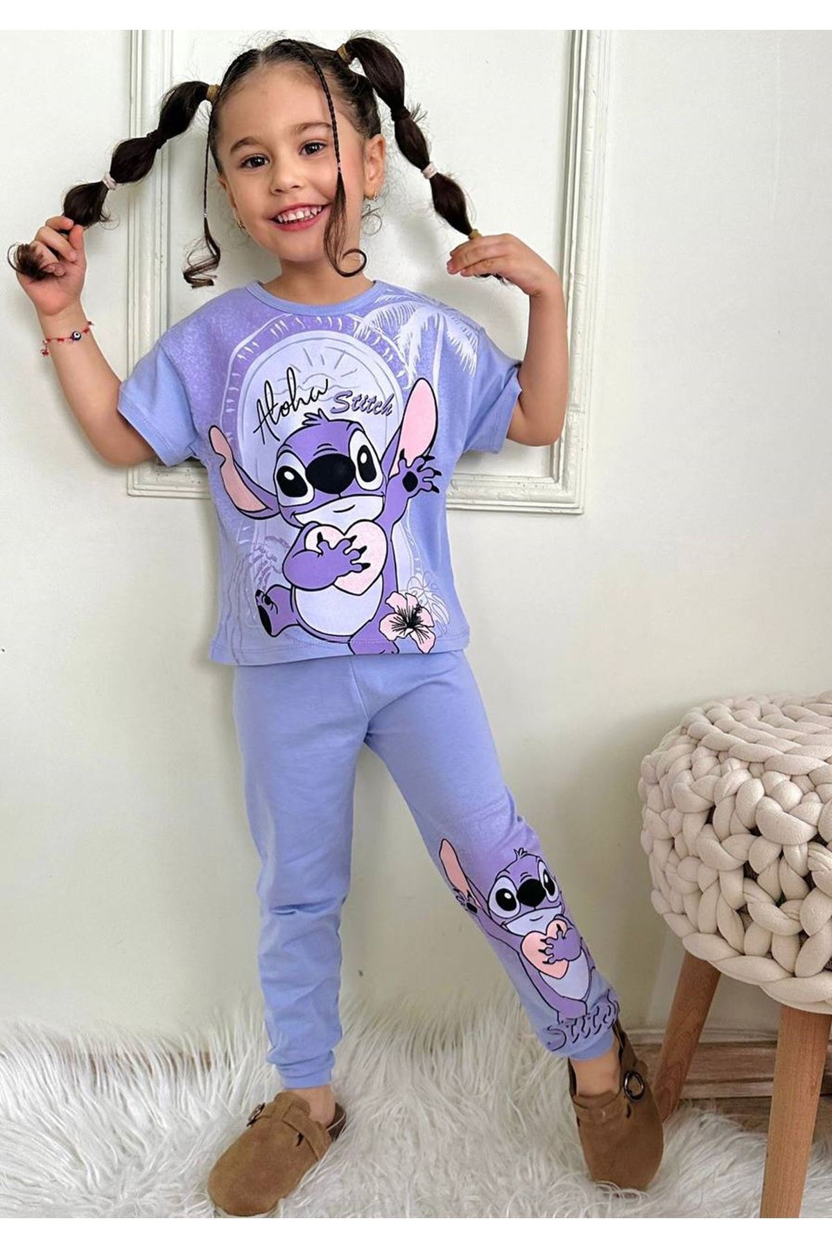 PJKKE Stitch Desenli Lila Eşofmanlı Kız Çocuk Kısa Kol Takım 3-10 Yaş 7434-L