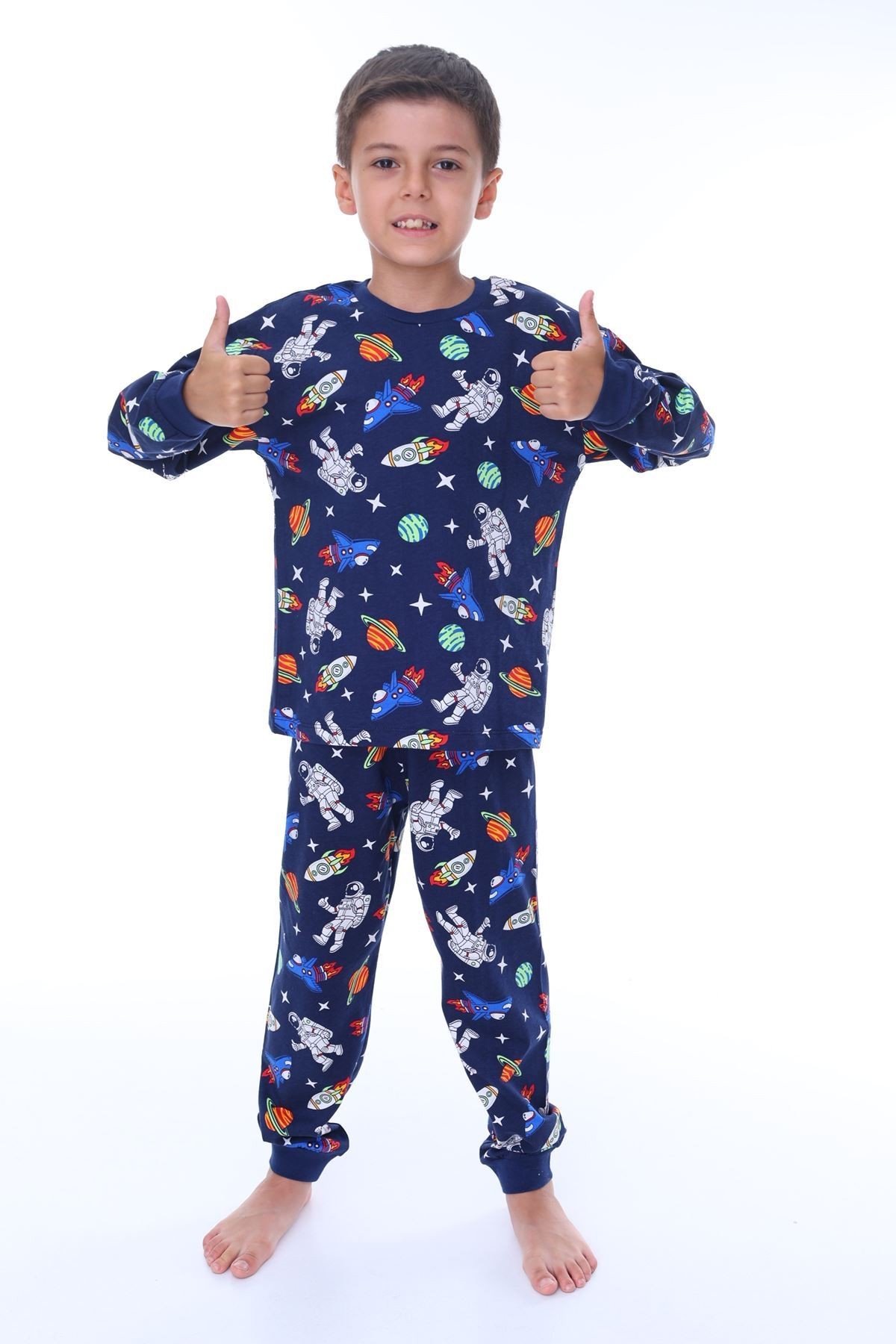 İSOB Lacivert Uzay Desenli %100 Pamuk Erkek Çocuk Pijama Takımı 3-8 Yaş 32210-L